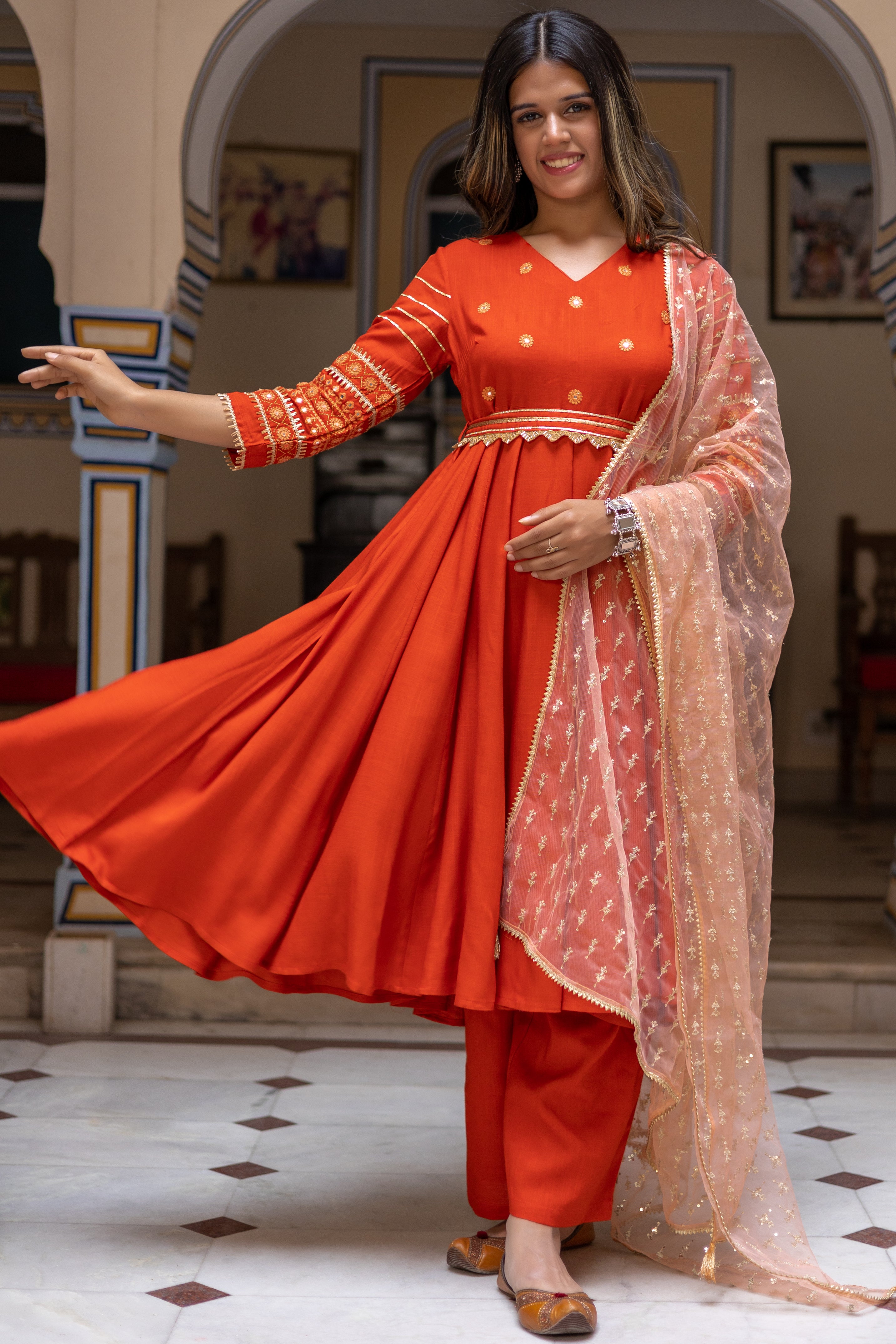 Rust Embroidered Anarkali with Straight  Palazo Paired with Dupatta