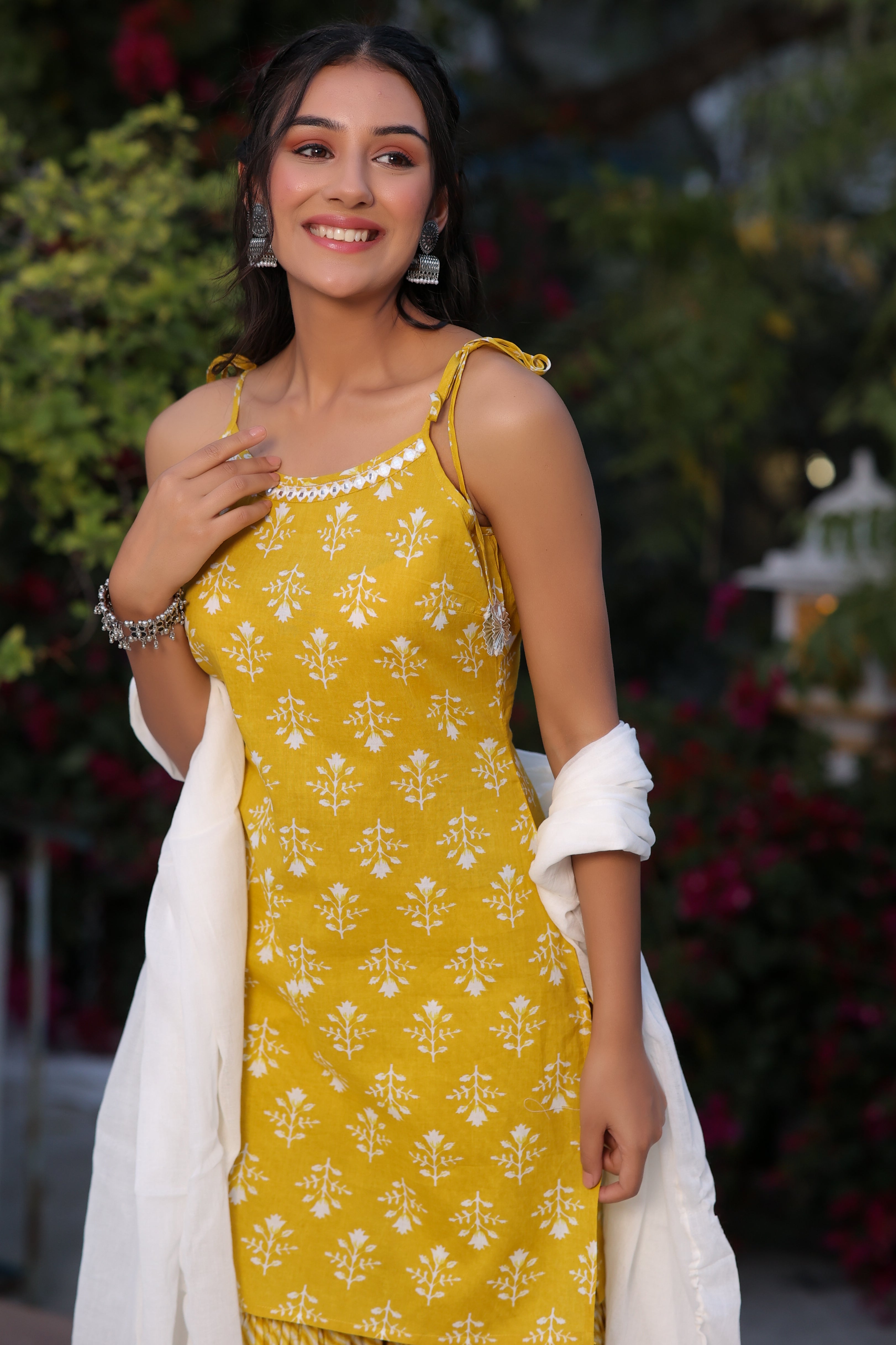 Yellow Cotton Embroidered Strappy tie up sleeve straight  Kurta With Palazzo and Dupatta