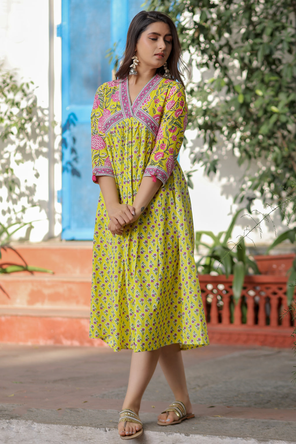 Lime Cotton Floral Printed Flared Dress