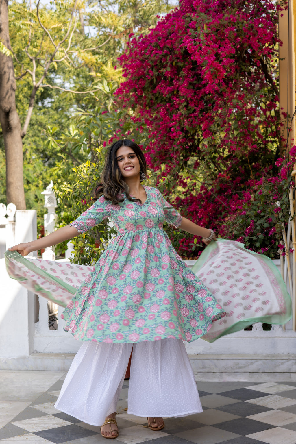 Light Green Cotton Printed  Anarkali Kurta With Sharara and Dupatta