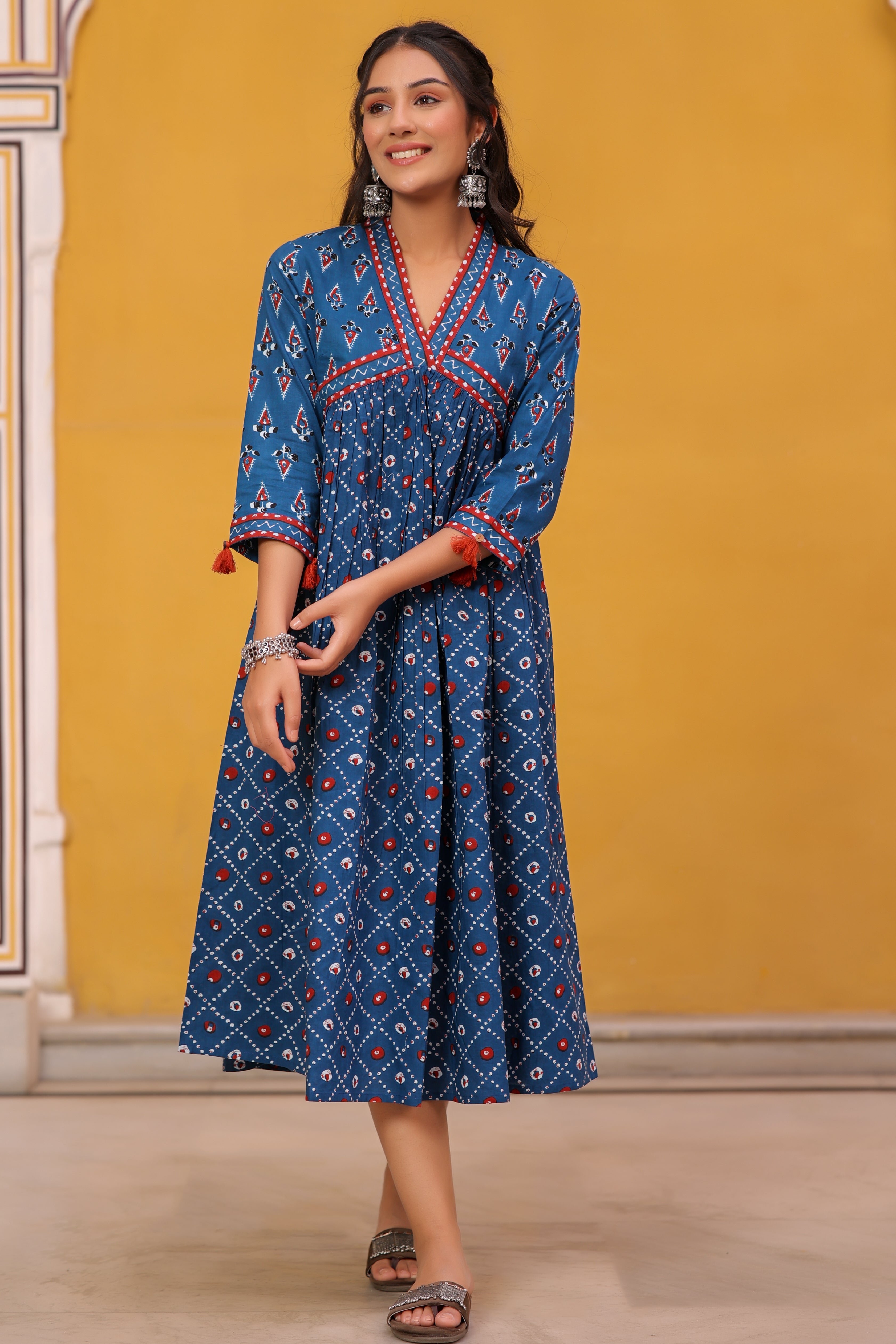 Blue Cotton Printed Flared Dress