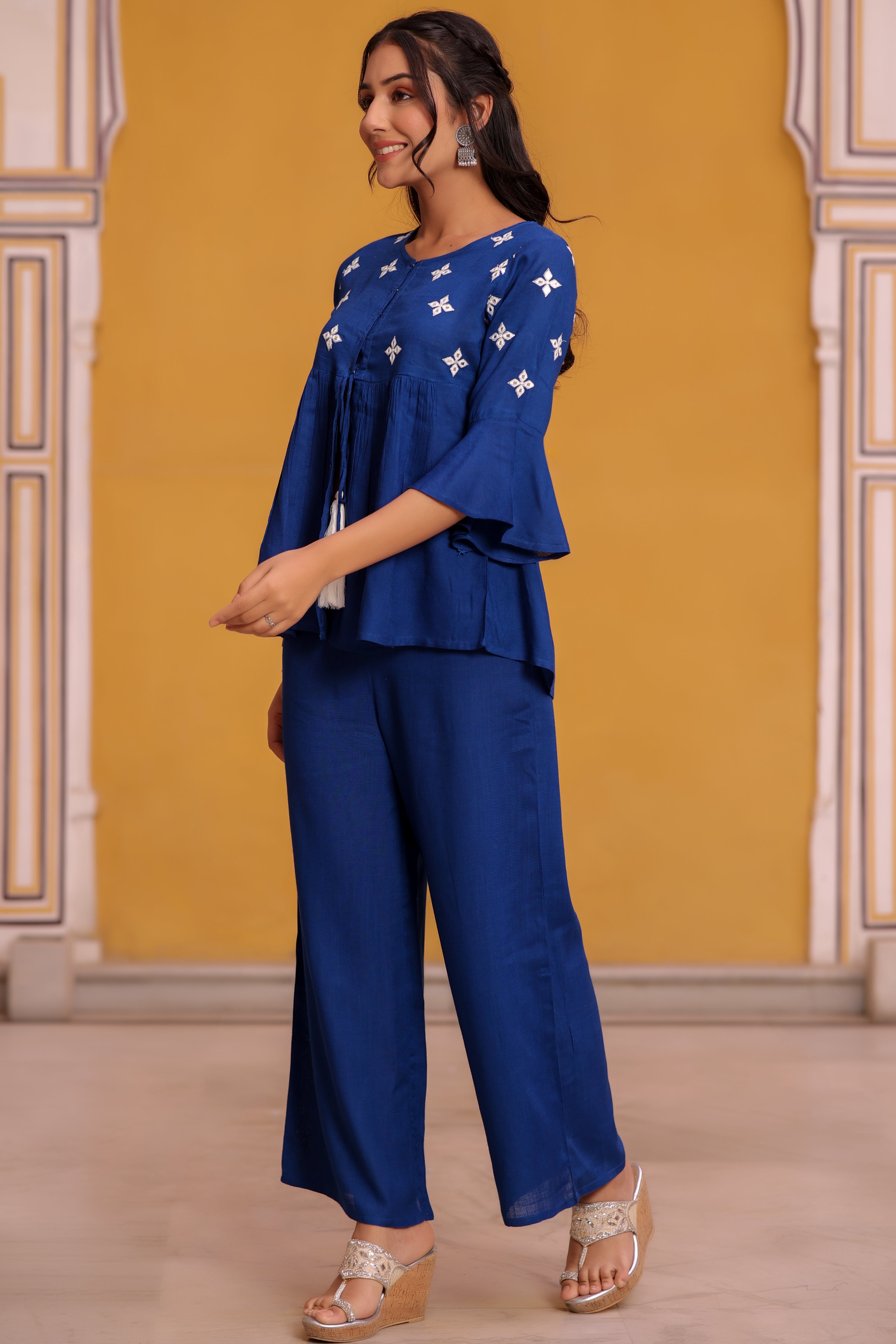 Blue Viscose Embroidered CO ORD SETS