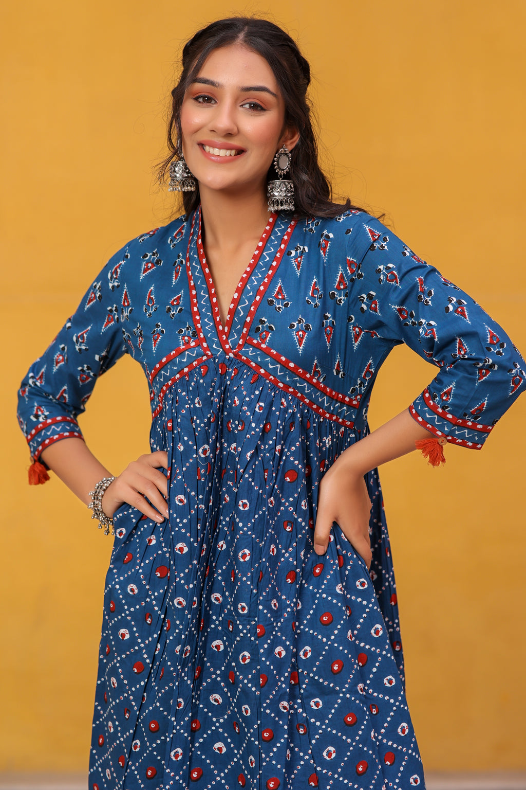 Blue Cotton Printed Flared Dress