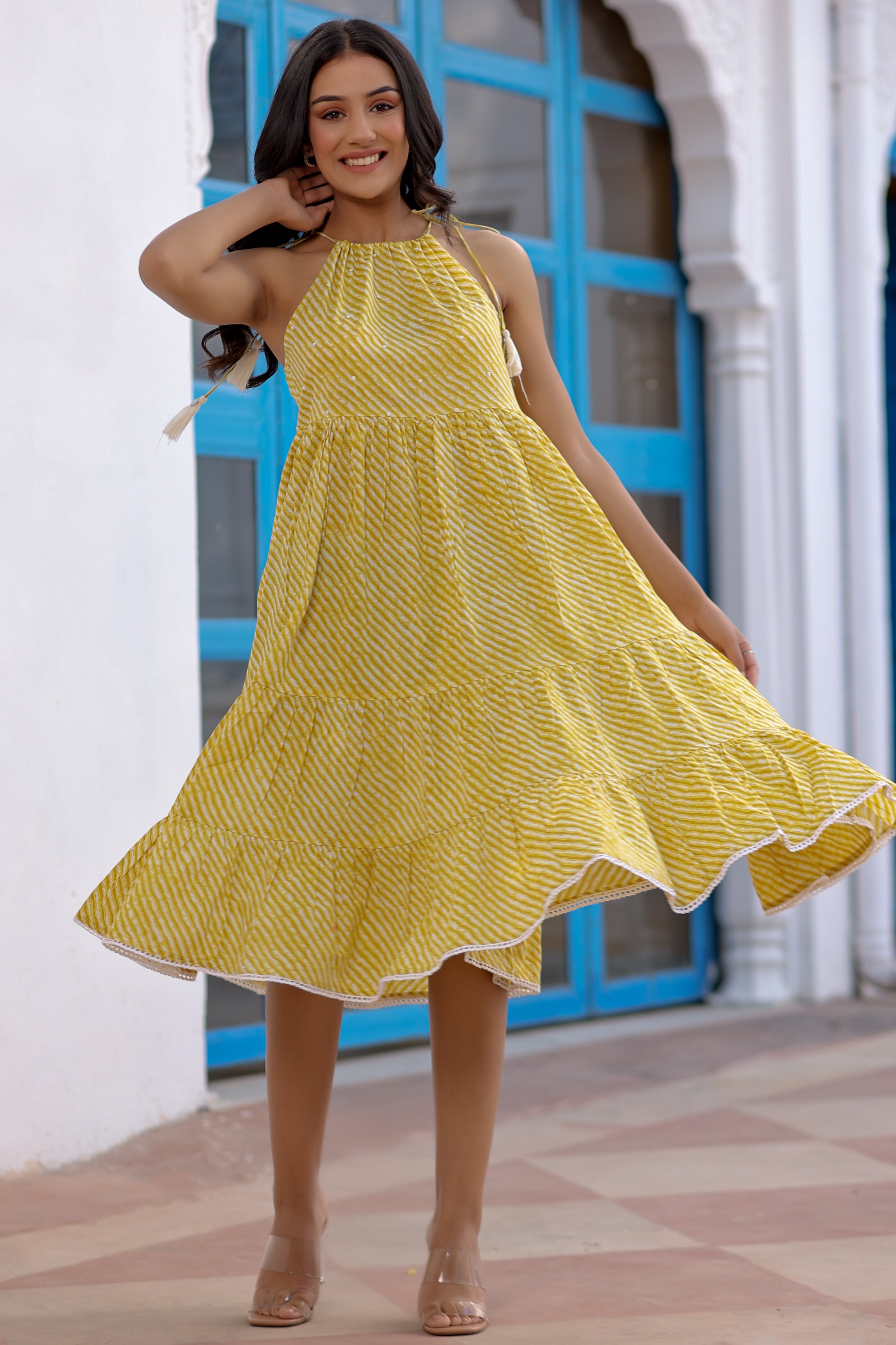 Yellow Cotton Printed Tiered Dress