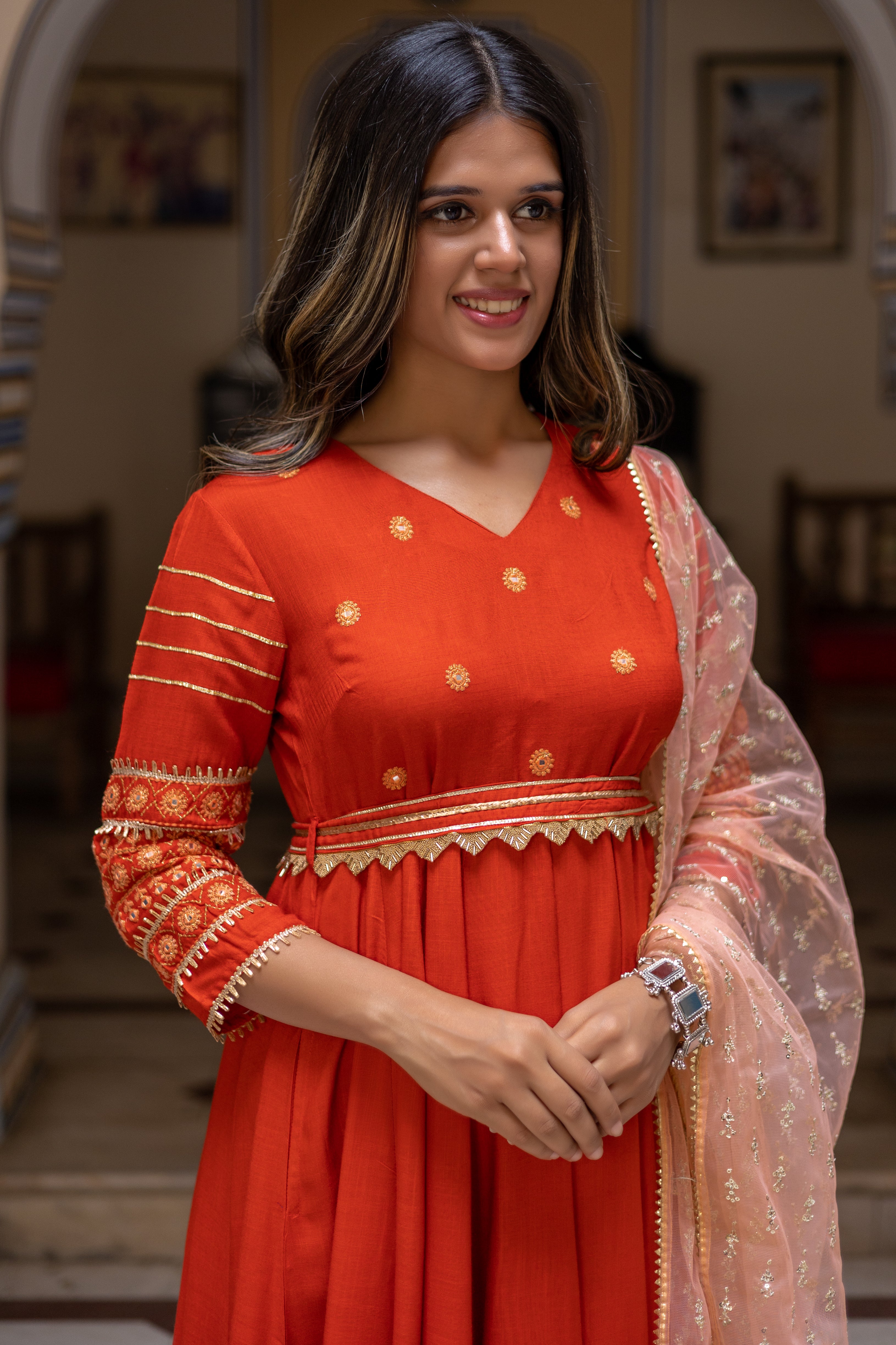 Rust Embroidered Anarkali with Straight  Palazo Paired with Dupatta