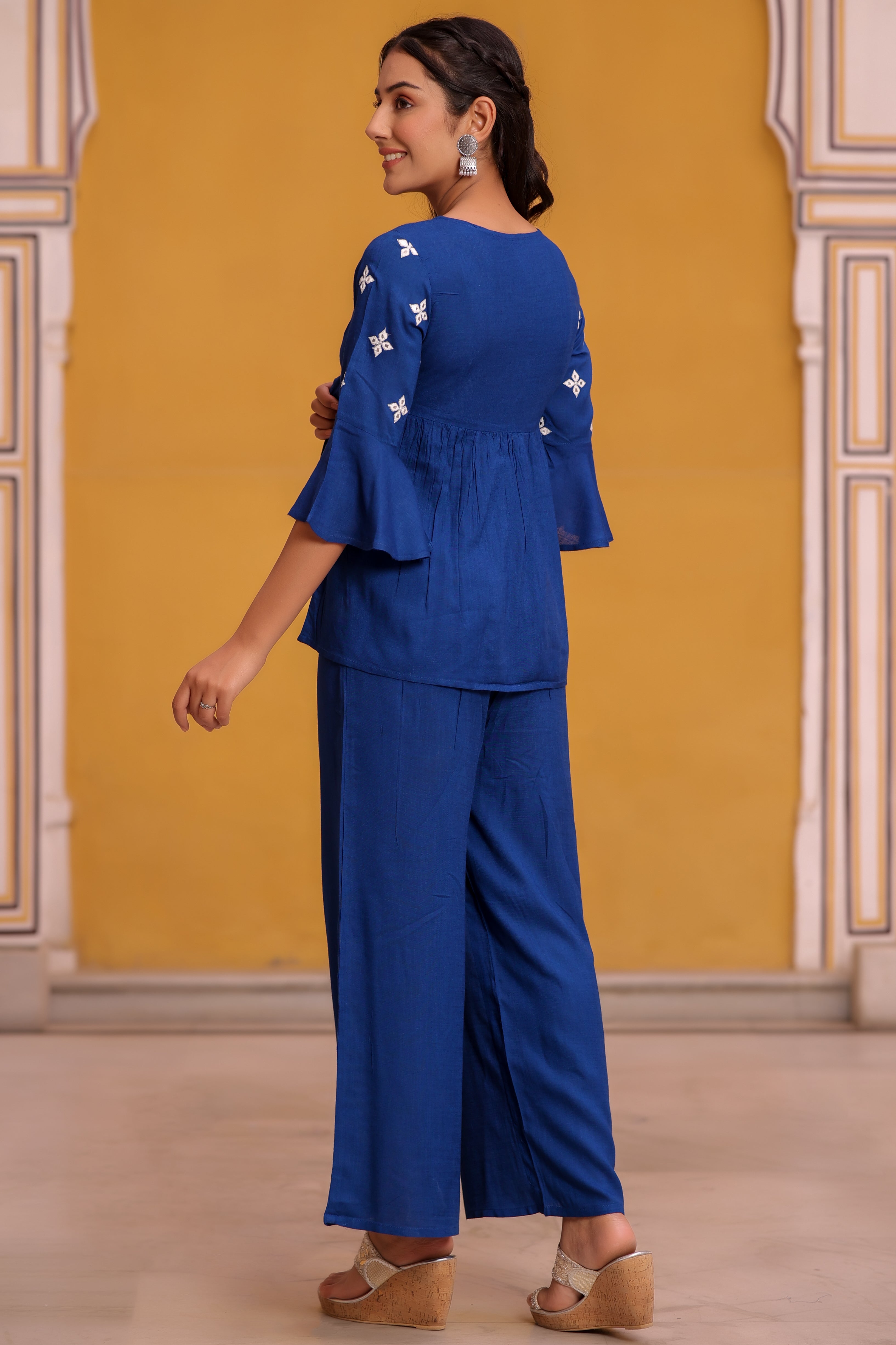 Blue Viscose Embroidered CO ORD SETS