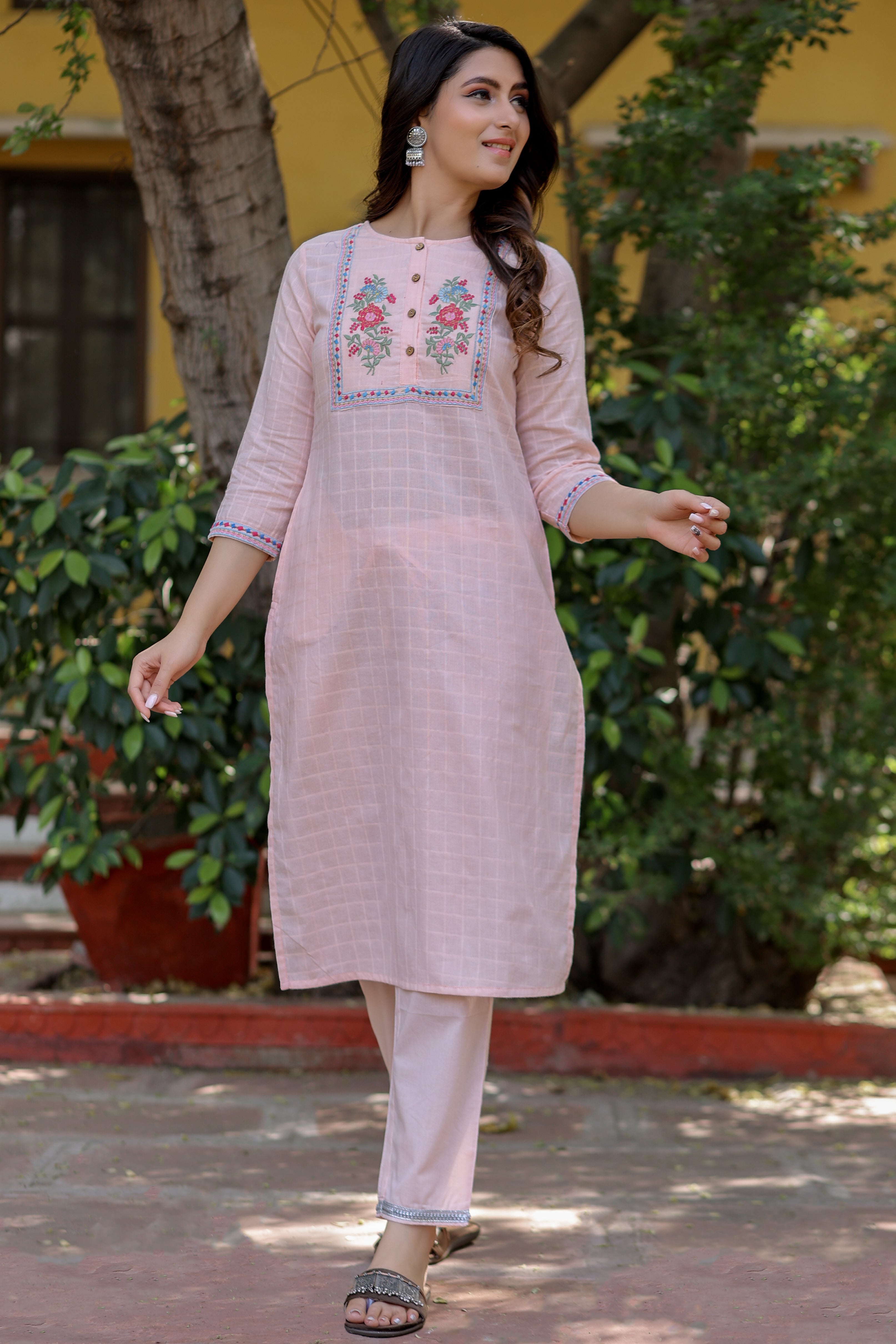Pink Viscose Embroidered Straight Kurta With Pant