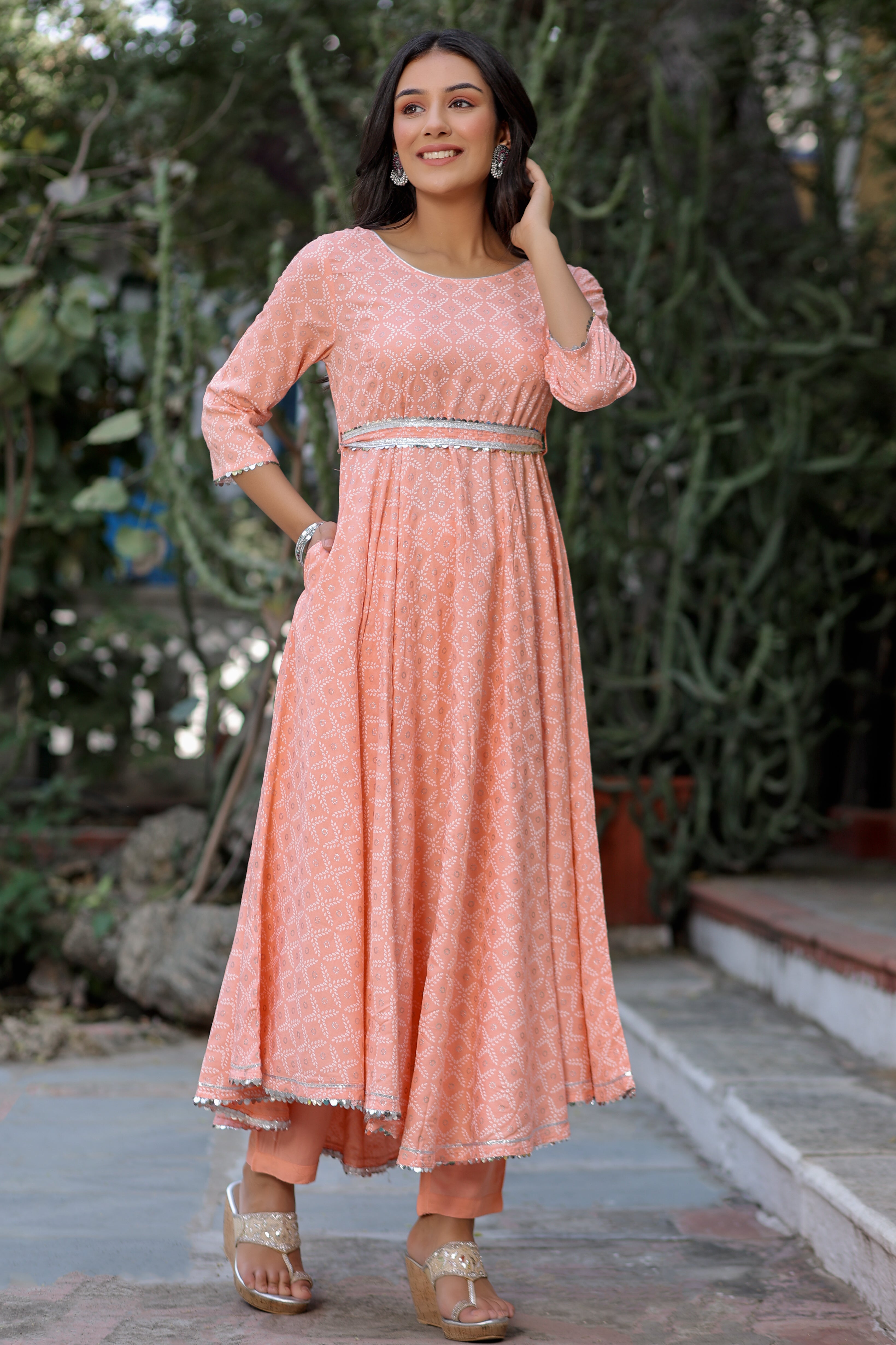 Peach Silver Printed Anarkali with Belt and Narrow Pant