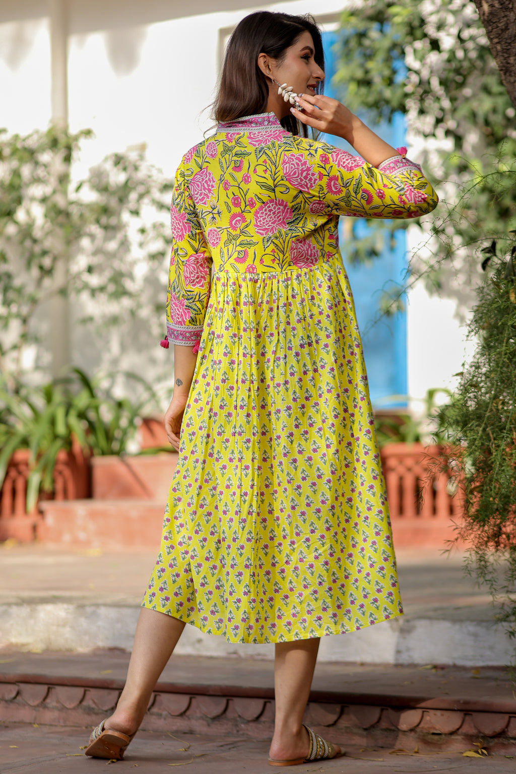 Lime Cotton Floral Printed Flared Dress