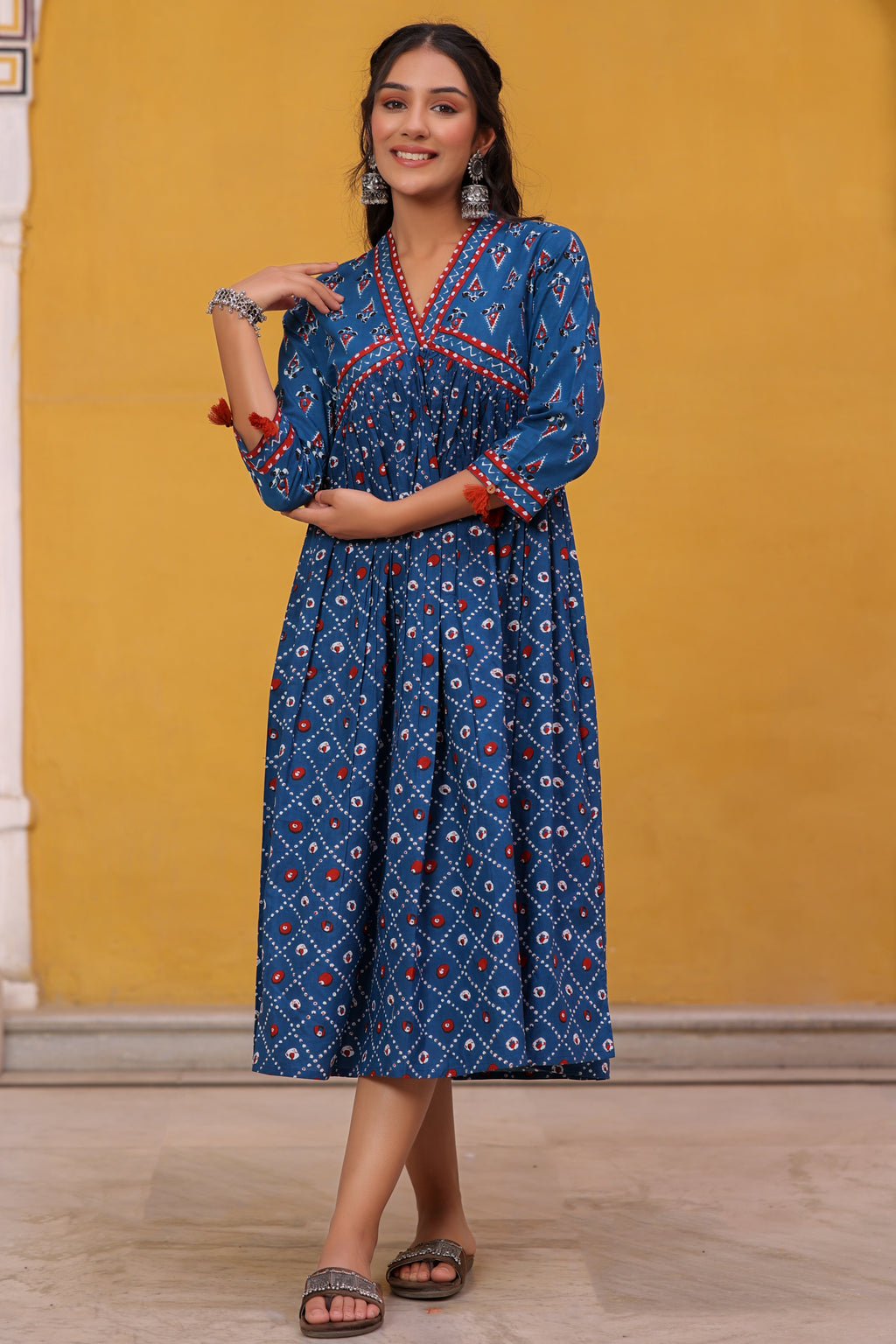 Blue Cotton Printed Flared Dress