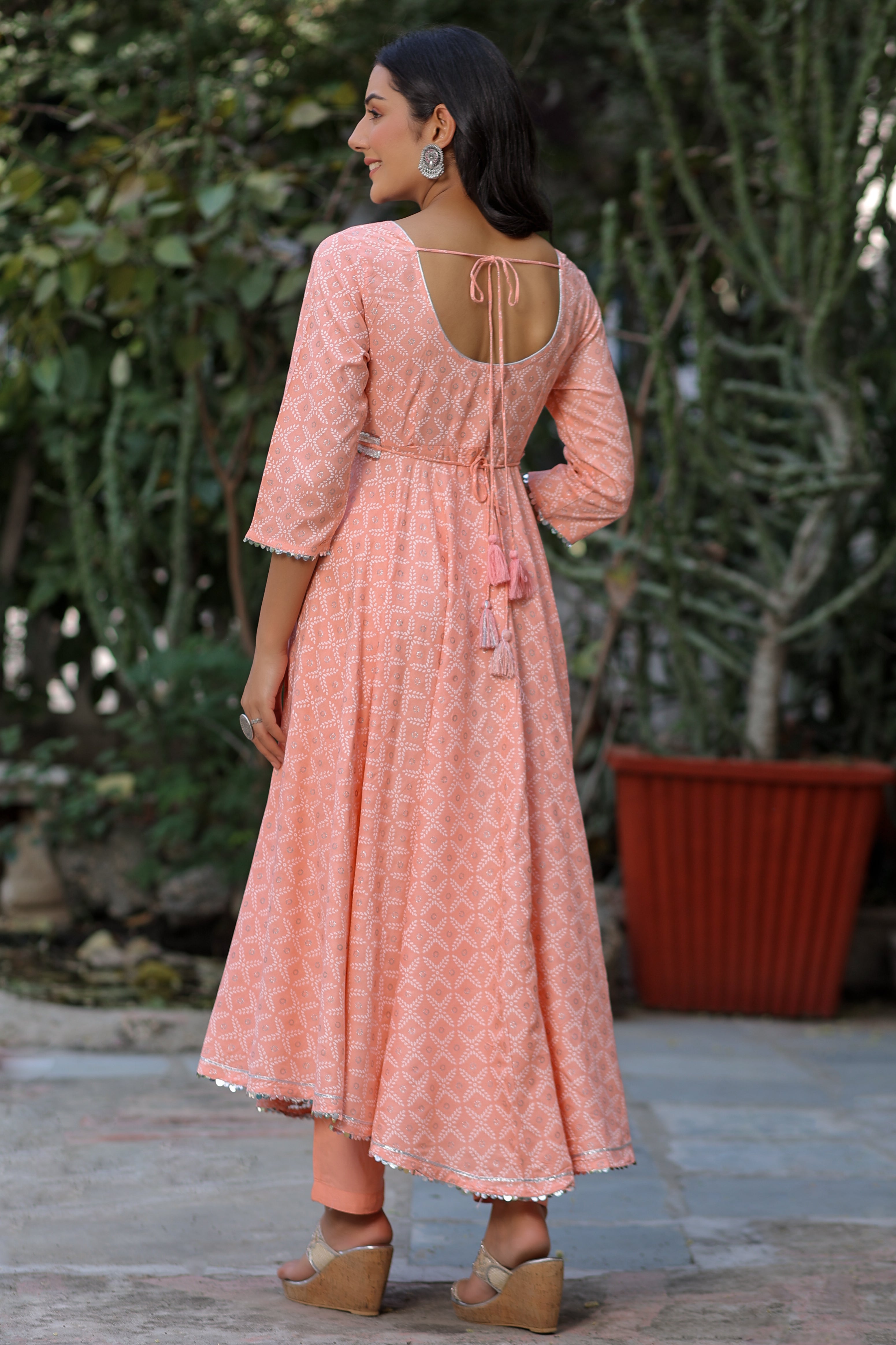 Peach Silver Printed Anarkali with Belt and Narrow Pant