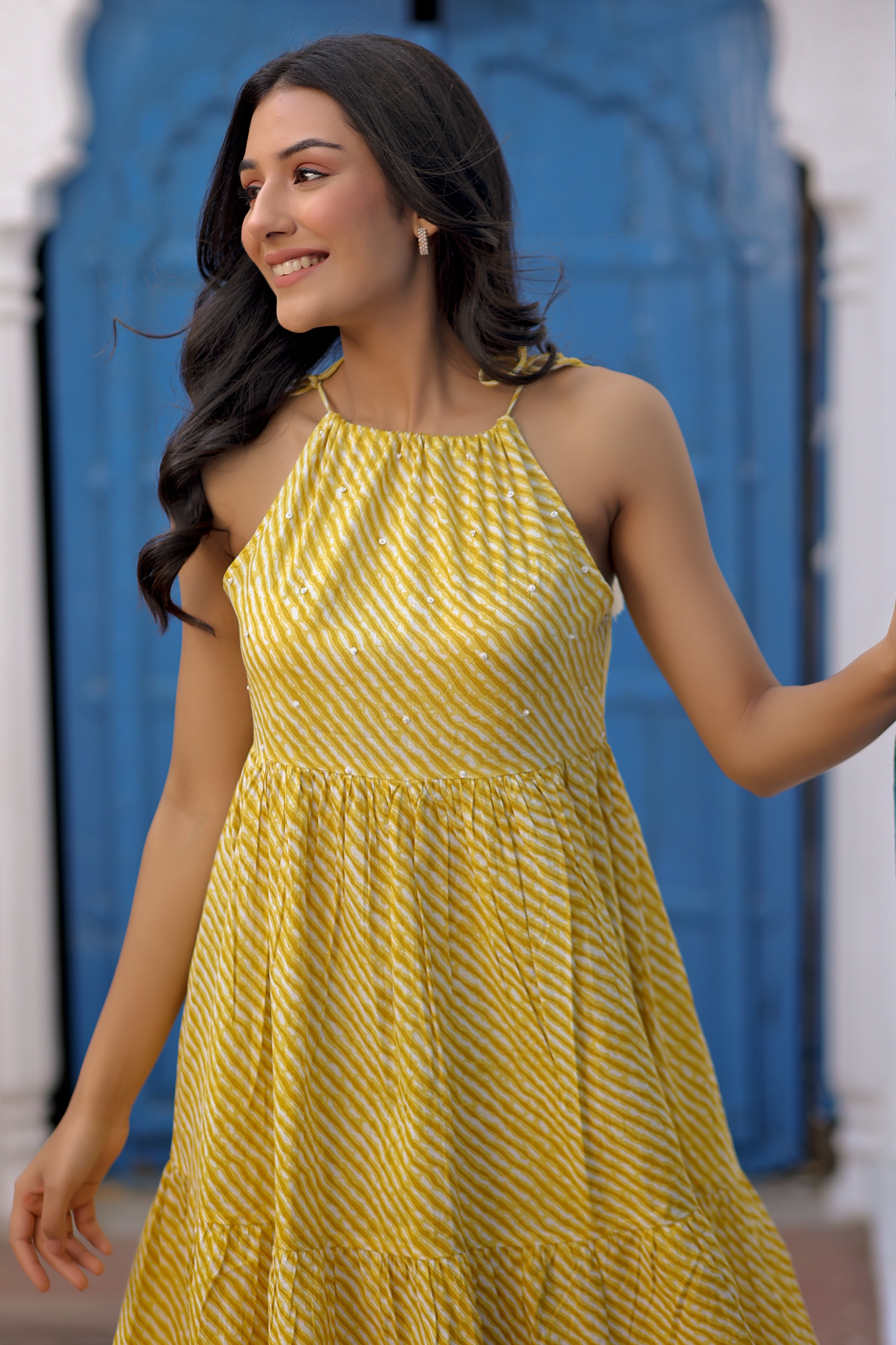 Yellow Cotton Printed Tiered Dress