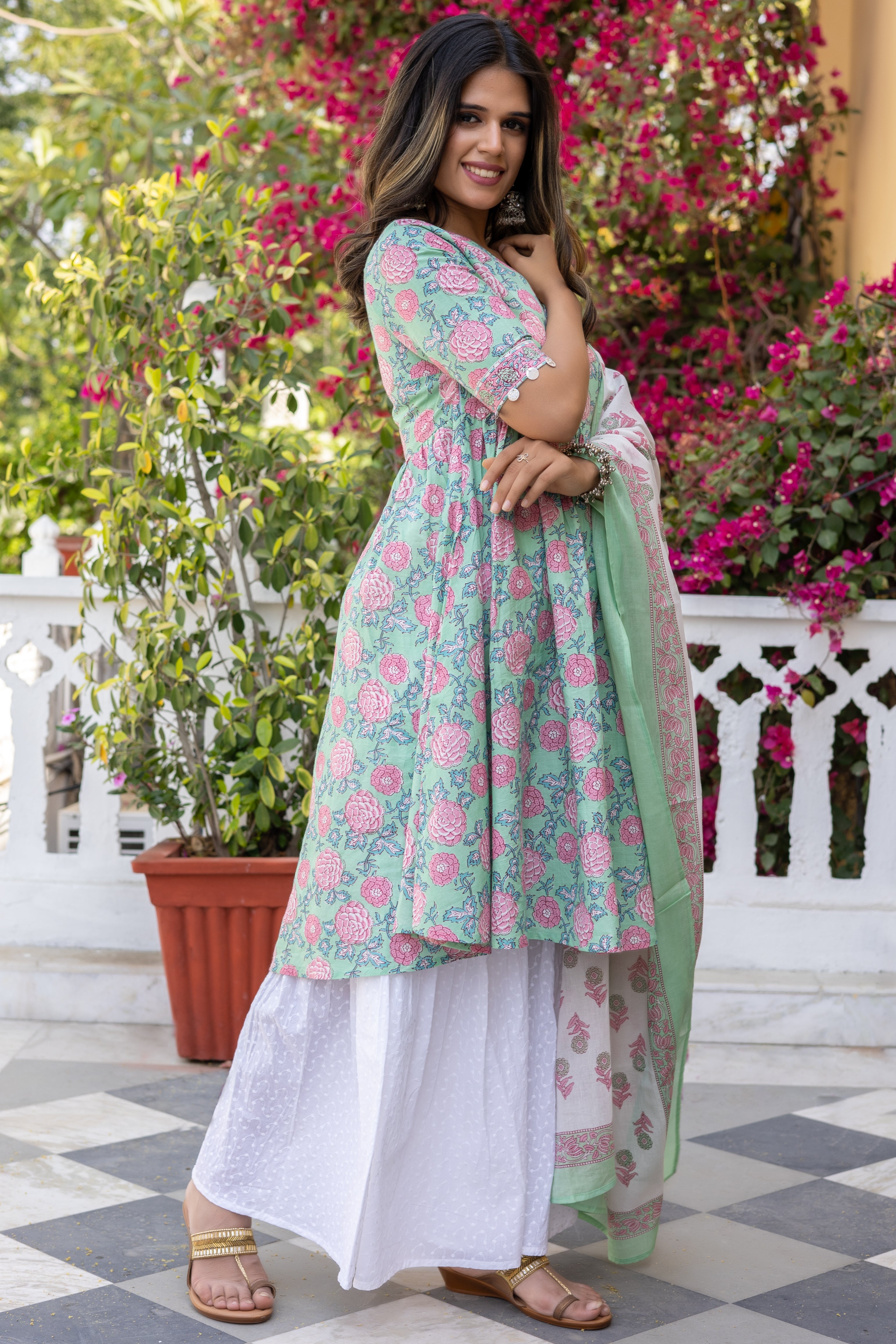Light Green Cotton Printed  Anarkali Kurta With Sharara and Dupatta