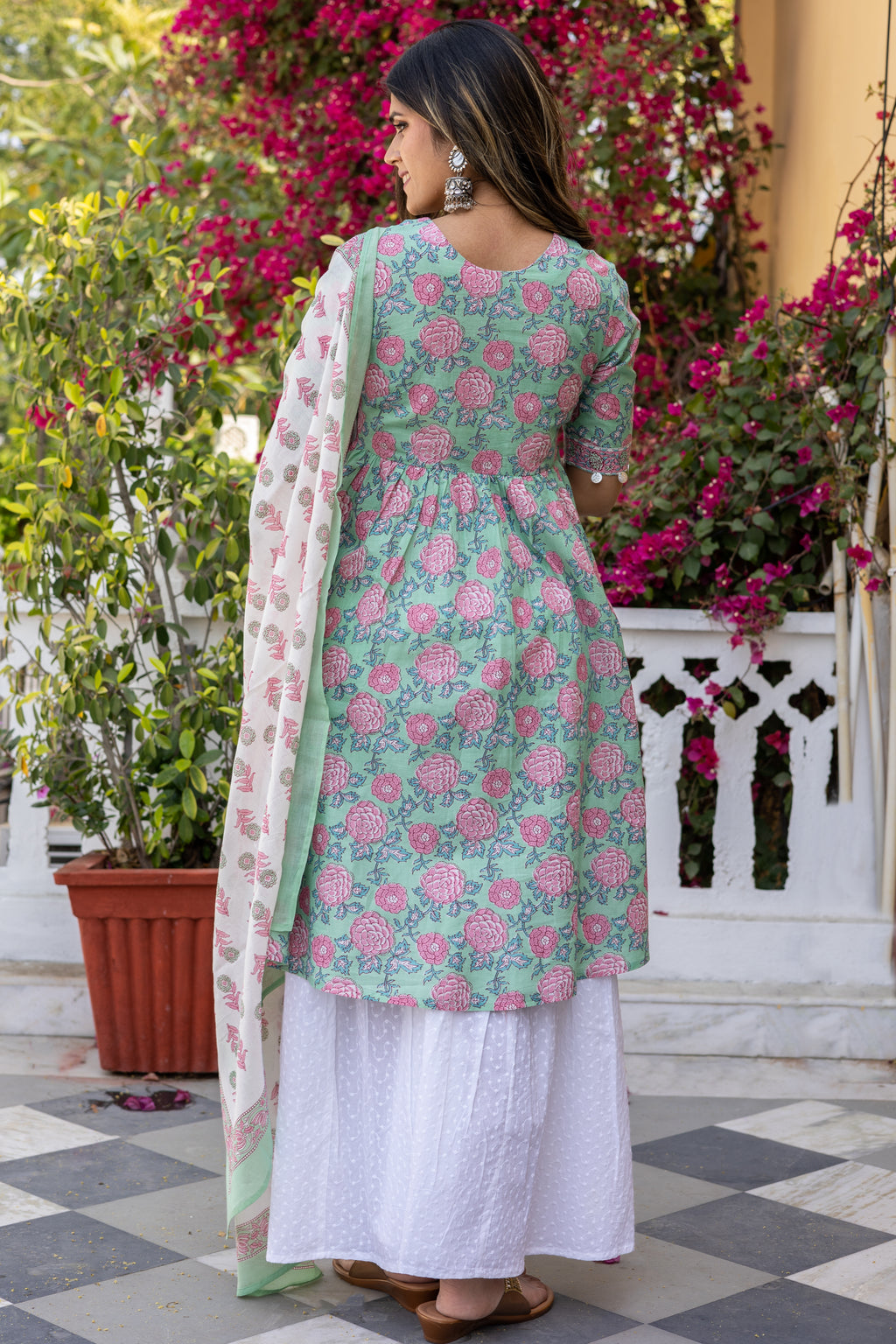 Light Green Cotton Printed  Anarkali Kurta With Sharara and Dupatta