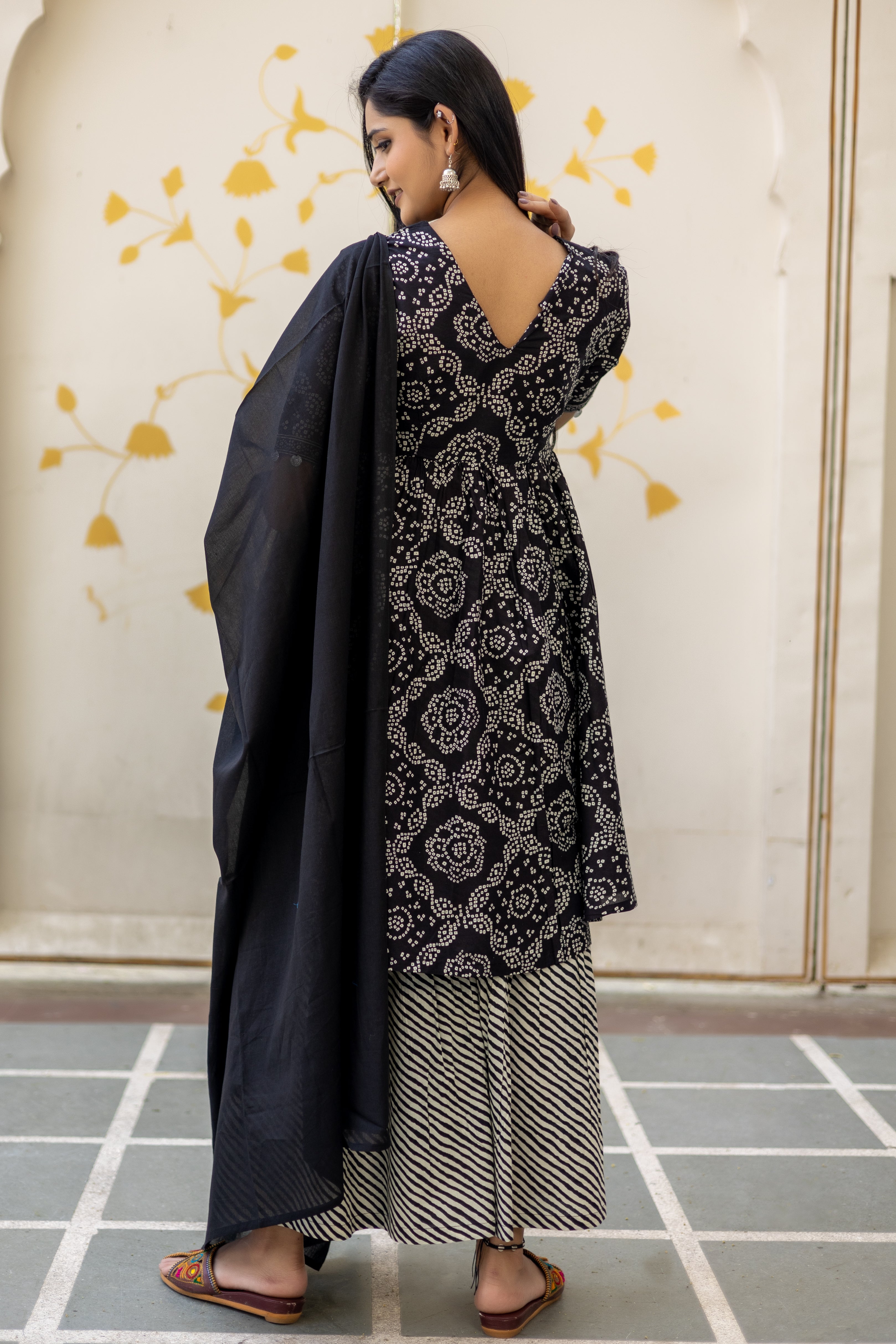 Black Cotton Printed Anarkali Kurta With Sharara and Dupatta