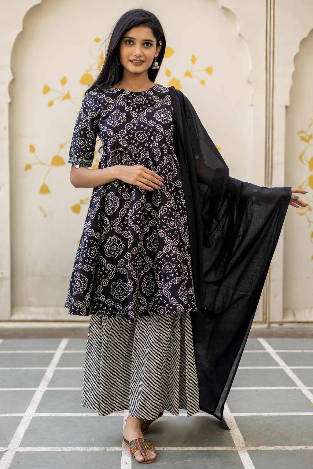 Black Cotton Printed Anarkali Kurta With Sharara and Dupatta