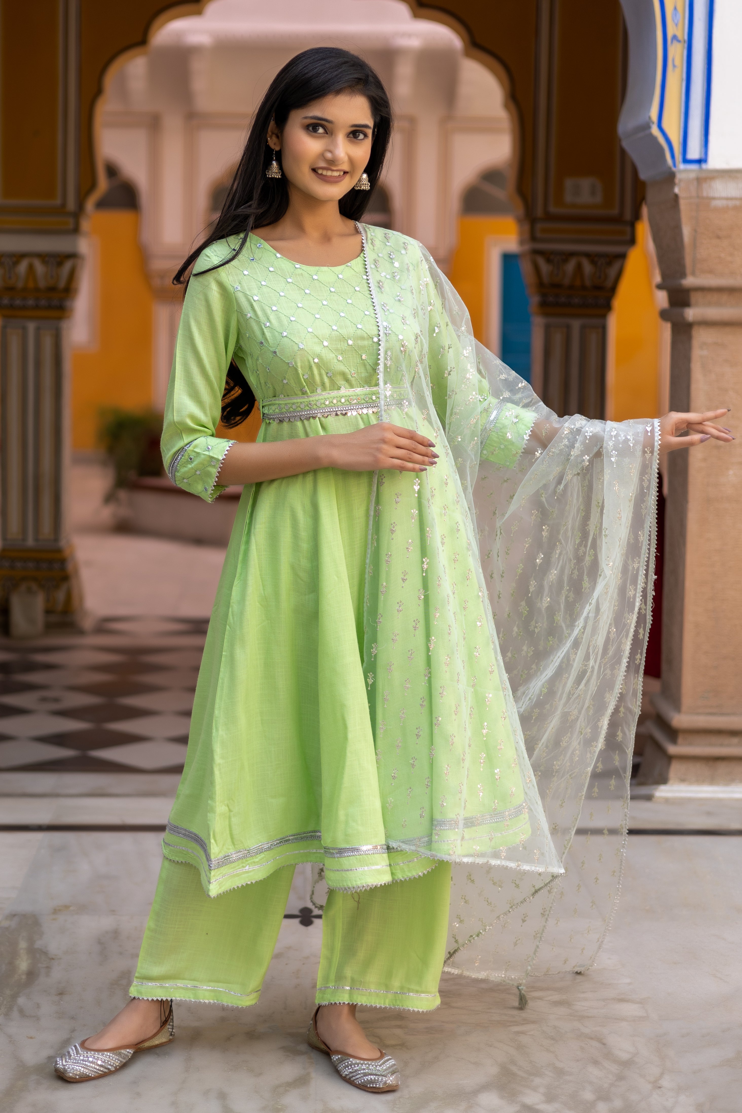 embroidered-anarkali-kurti-set-in-rayon-slub-with-round-neck-embellished-belt-at-waist-and-embroidered-quarter-sleeves-paired-with-straight-pant-and-sequin-dupatta