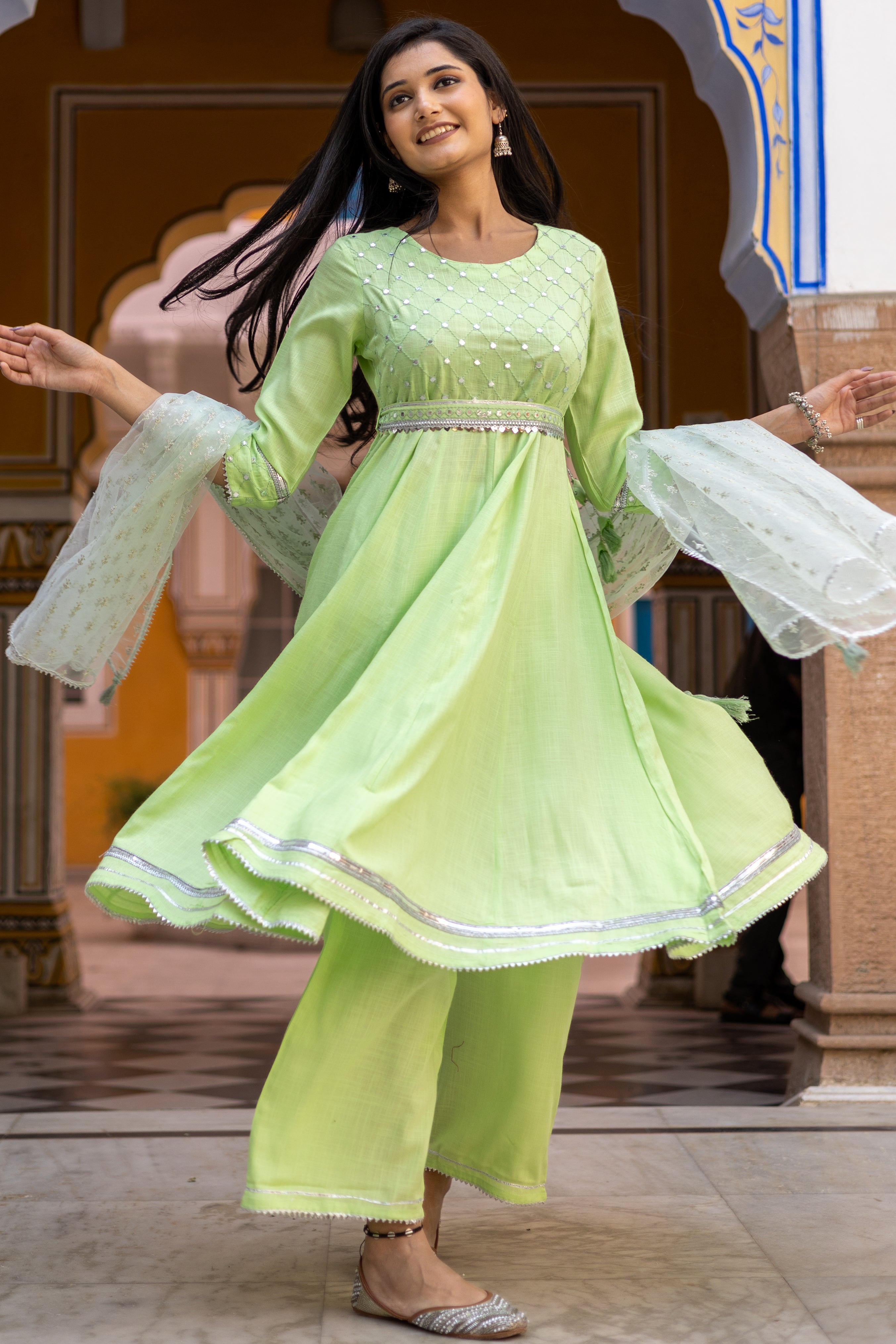 Green Embroidered Anarkali with Straight Pant Paired with Dupatta