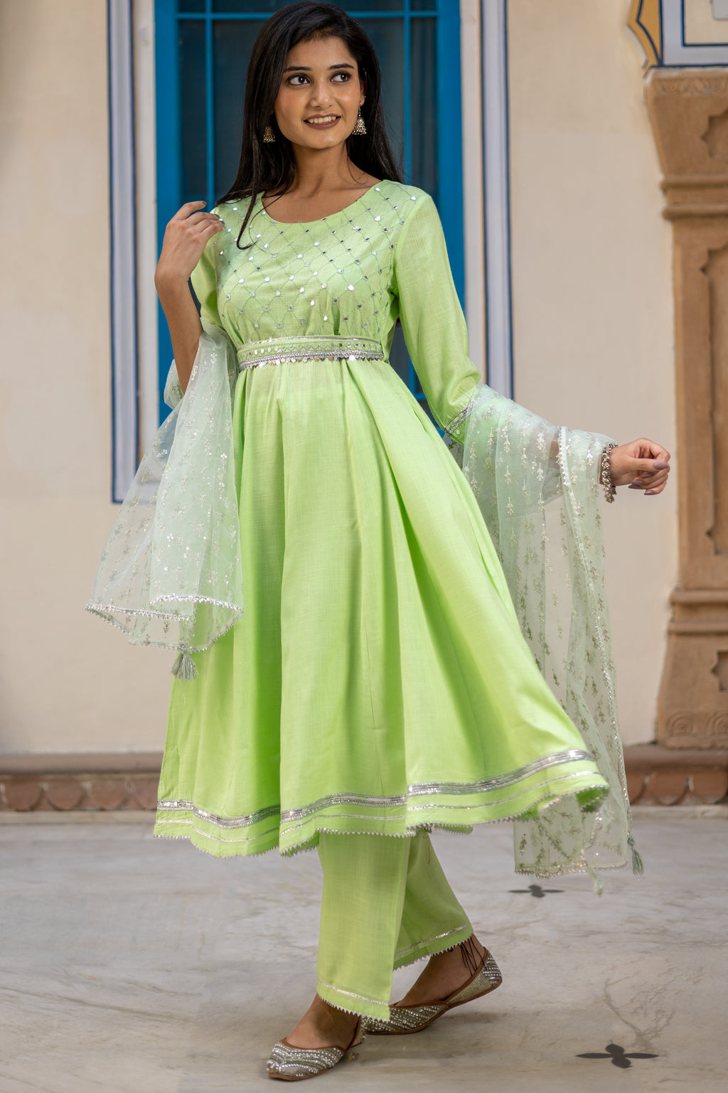 Green Embroidered Anarkali with Straight Pant Paired with Dupatta