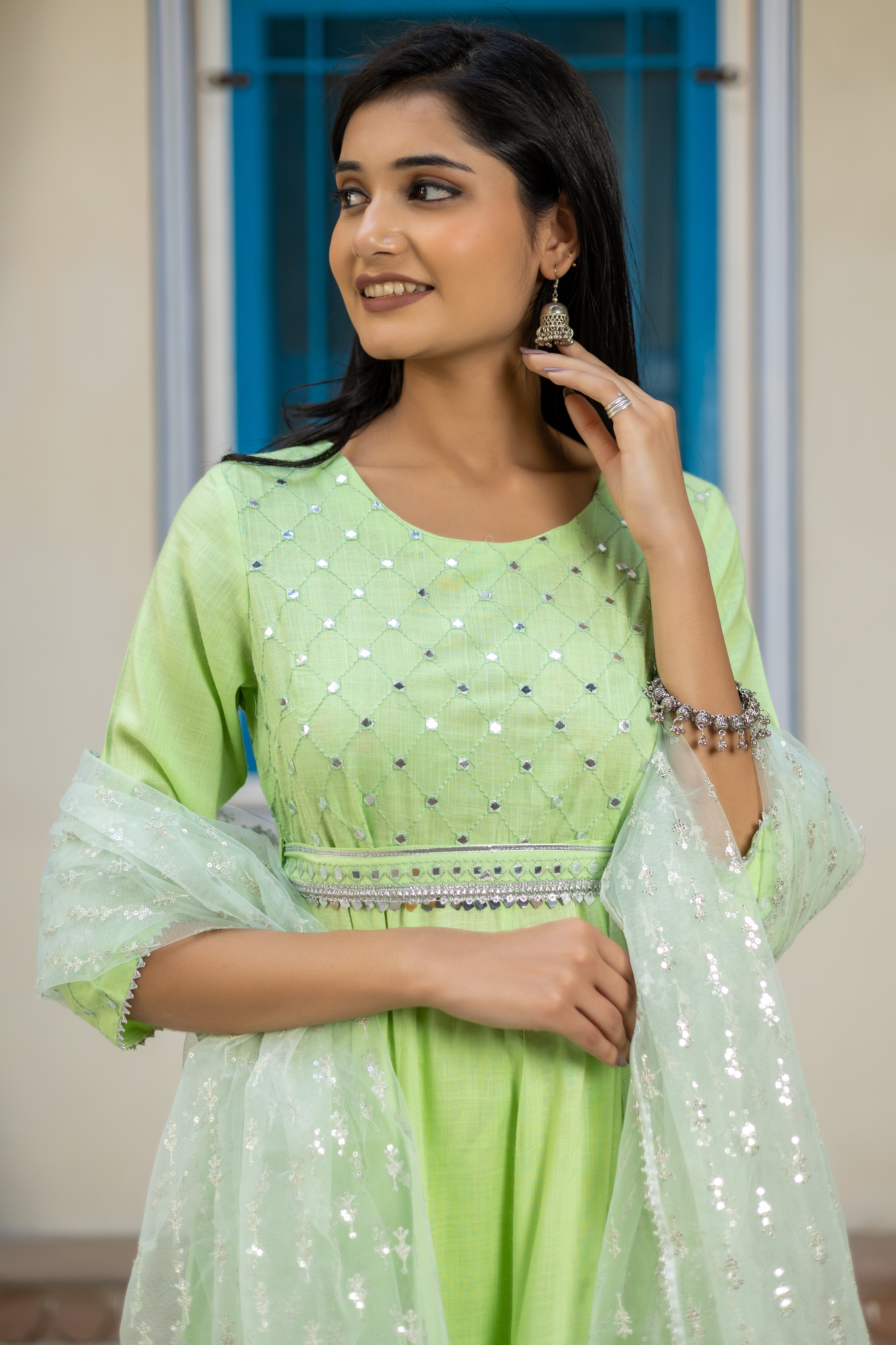 embroidered-anarkali-kurti-set-in-rayon-slub-with-round-neck-embellished-belt-at-waist-and-embroidered-quarter-sleeves-paired-with-straight-pant-and-sequin-dupatta