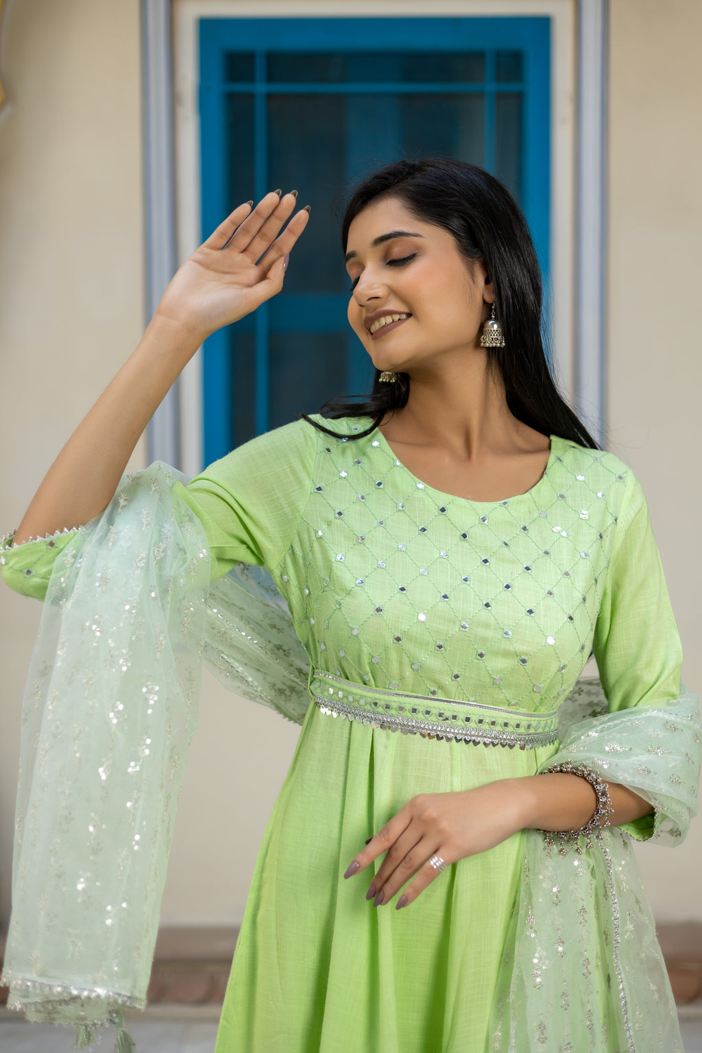 Green Embroidered Anarkali with Straight Pant Paired with Dupatta