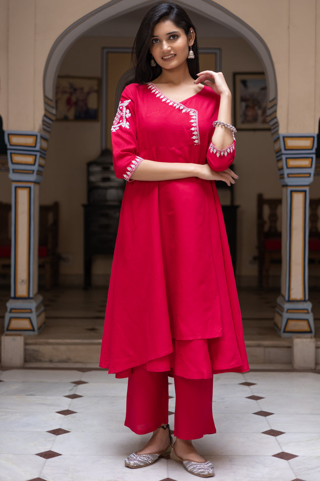 Red Viscose Embroidered Asymmetrical Wrap Around Dress With Pant