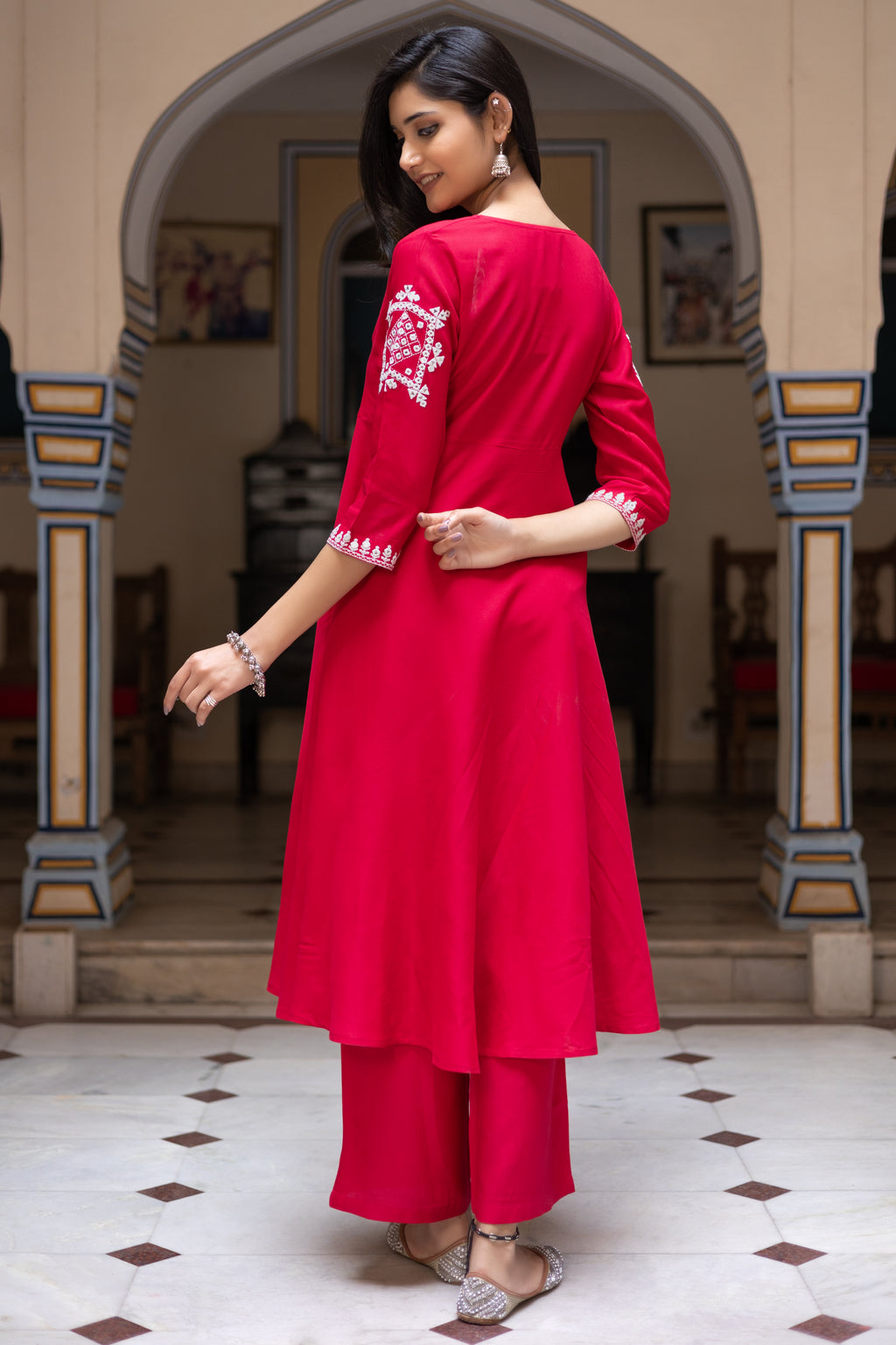 Red Viscose Embroidered Asymmetrical Wrap Around Dress With Pant