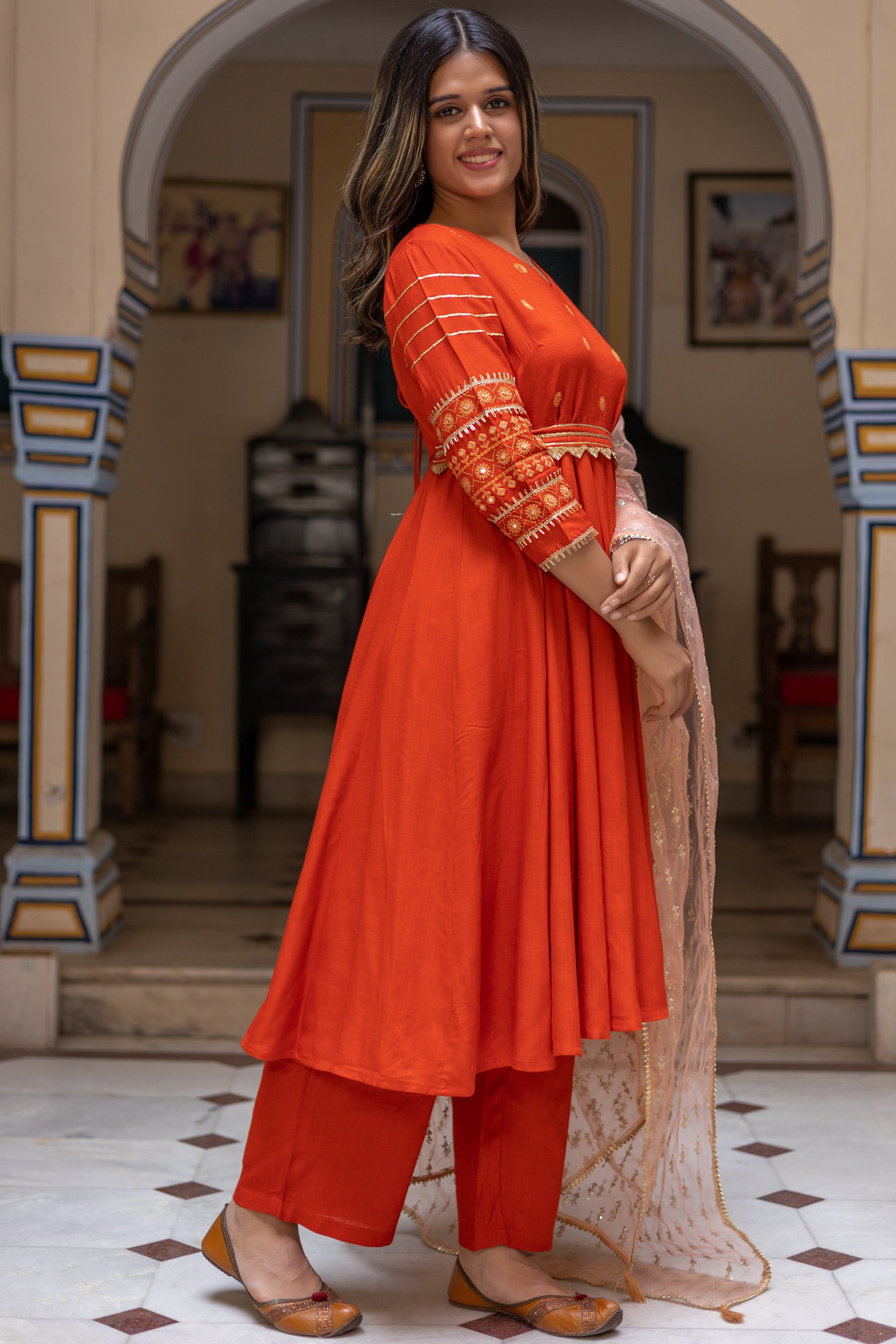 Rust Embroidered Anarkali with Straight  Palazo Paired with Dupatta