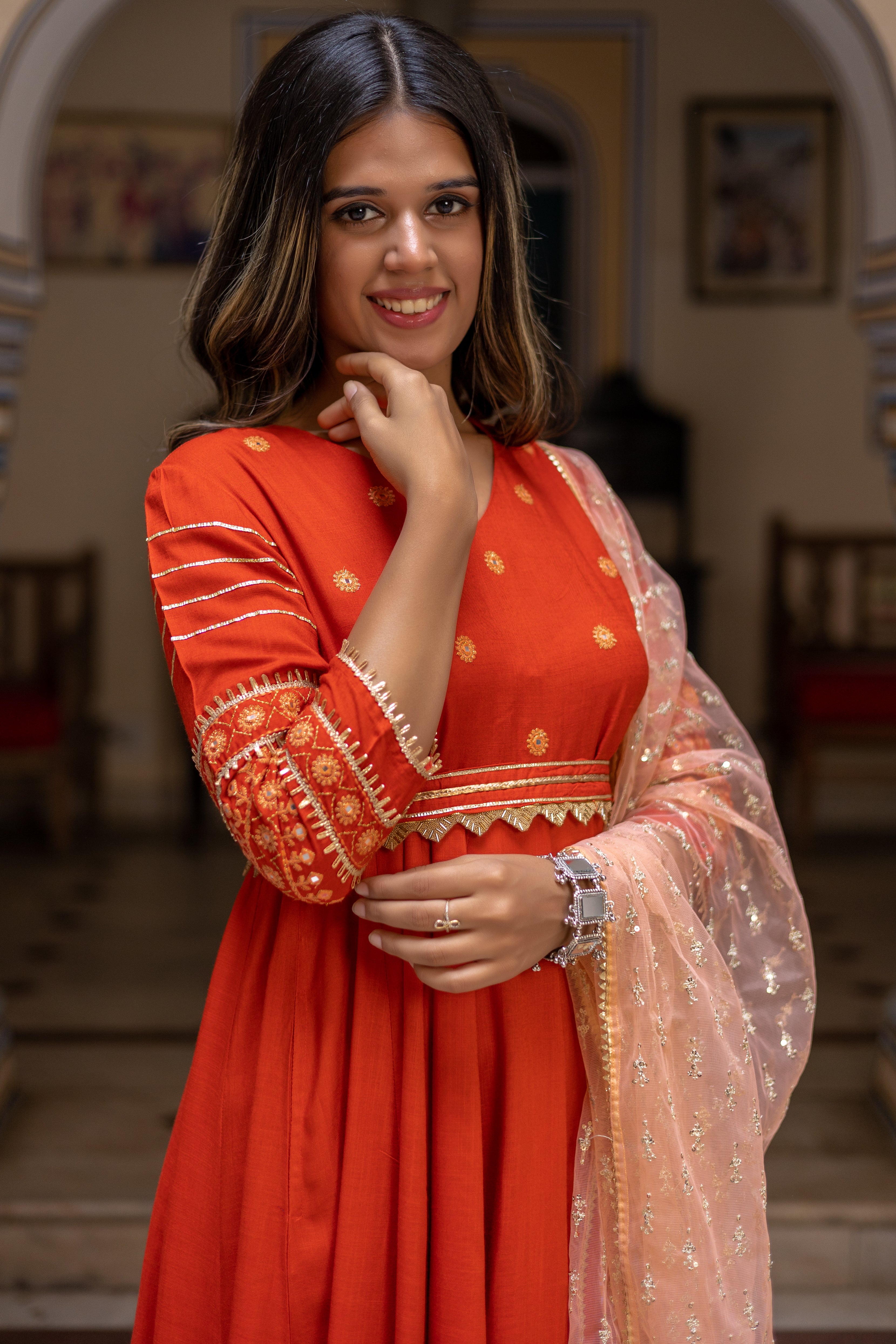 Rust Embroidered Anarkali with Straight  Palazo Paired with Dupatta