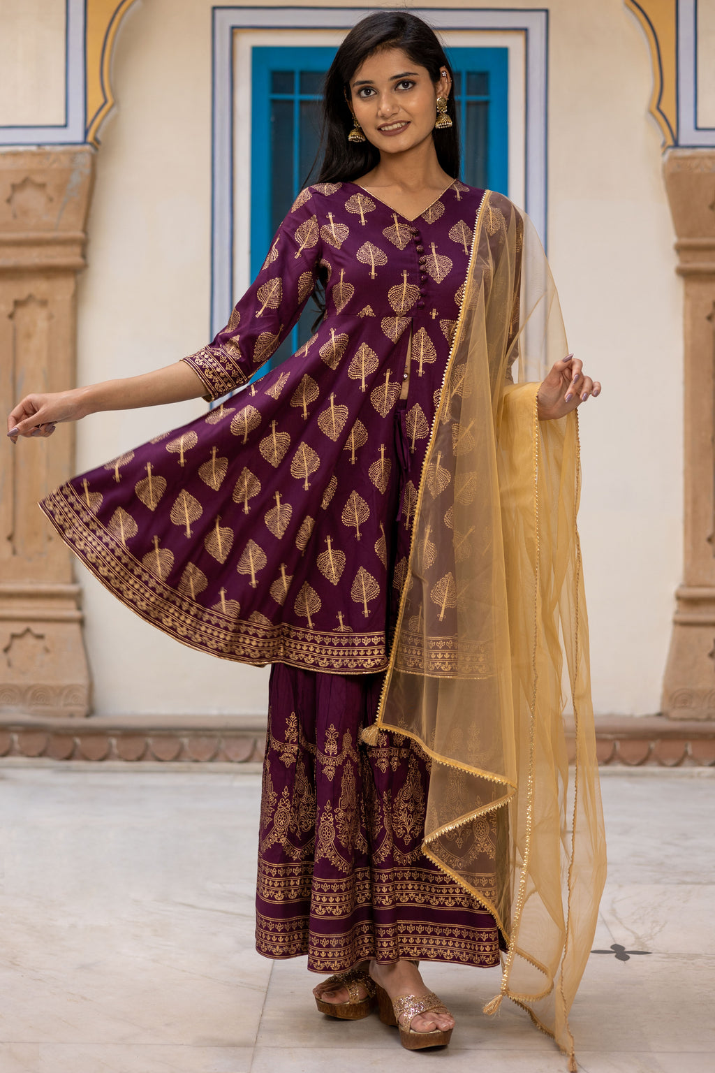 Maroon Gold Printed Flared Kurti with Mid Cut and Sharara Paired with Dupatta