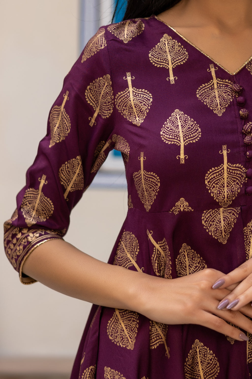 Maroon Gold Printed Flared Kurti with Mid Cut and Sharara Paired with Dupatta