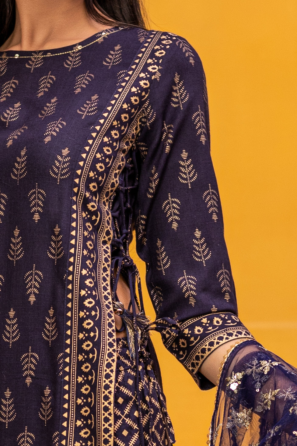 Blue Gold Printed Straight Kurti with Side Tie-ups Paired with Sharara and Dupatta