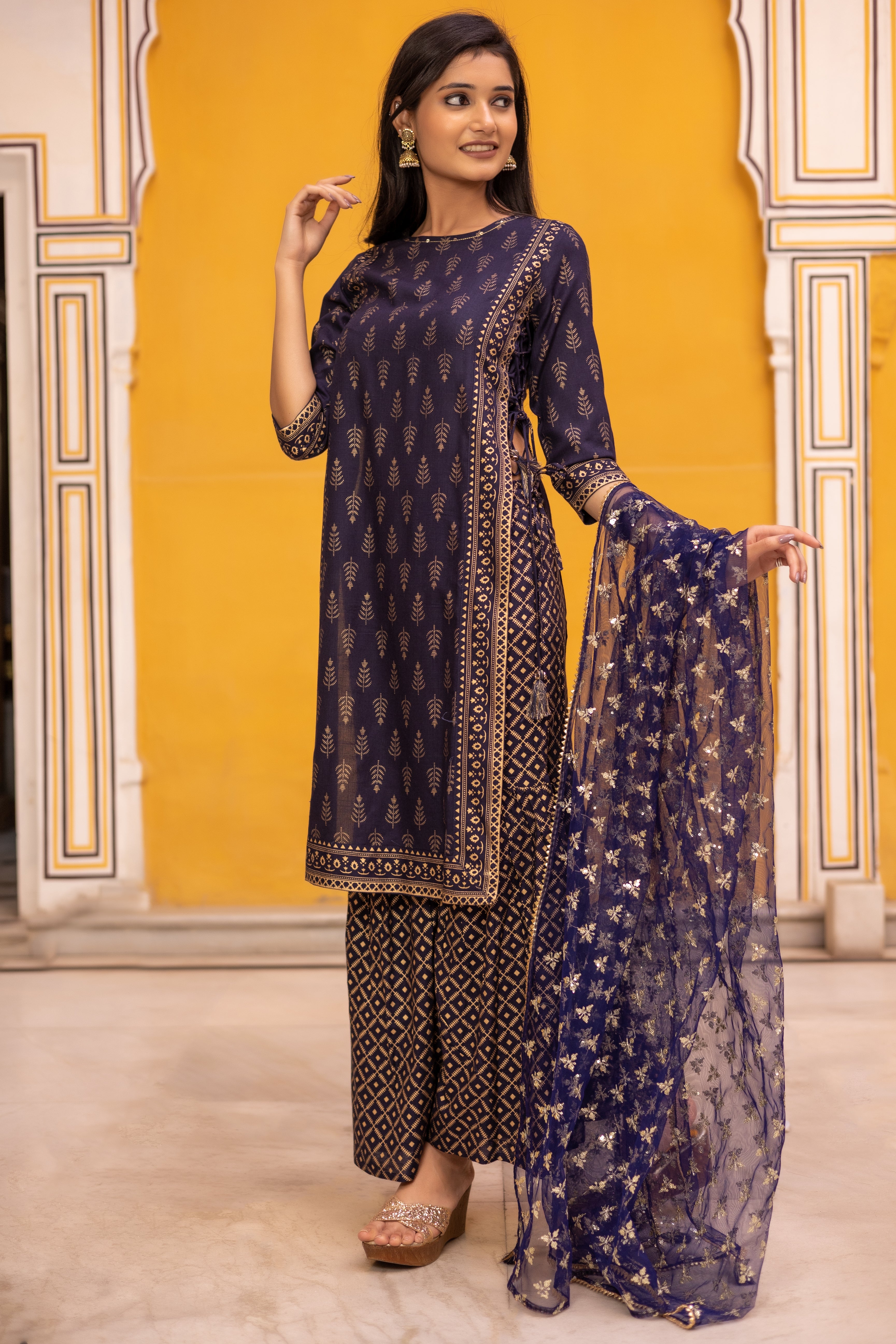 Blue Gold Printed Straight Kurti with Side Tie-ups Paired with Sharara and Dupatta