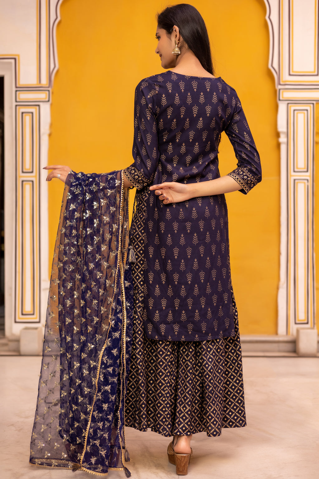 Blue Gold Printed Straight Kurti with Side Tie-ups Paired with Sharara and Dupatta