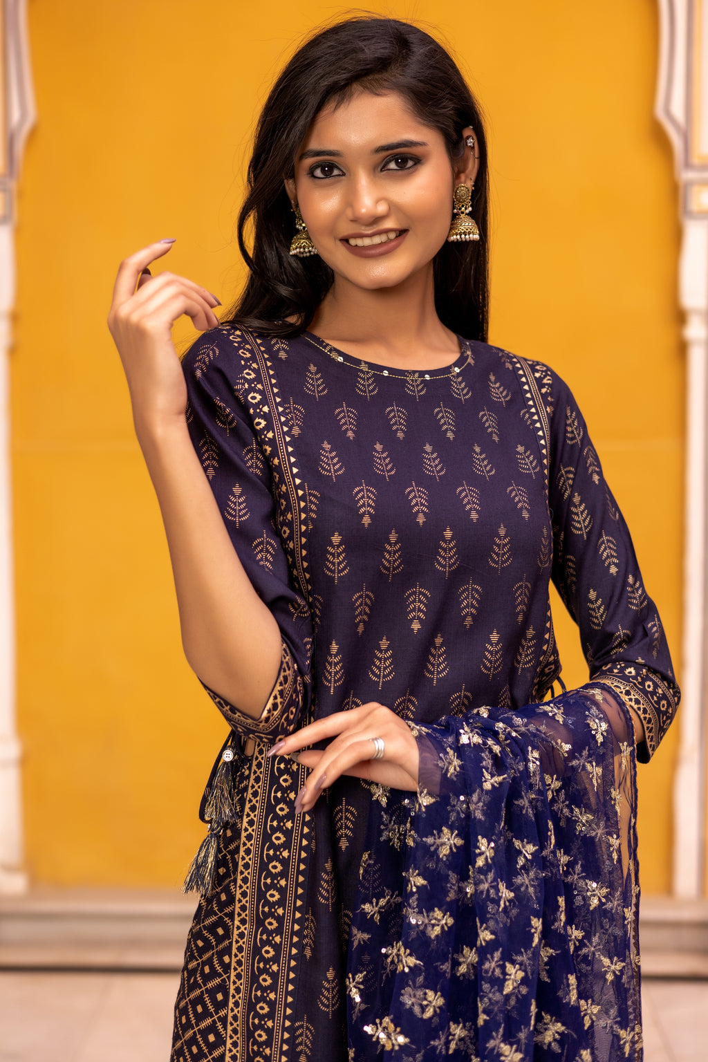 Blue Gold Printed Straight Kurti with Side Tie-ups Paired with Sharara and Dupatta