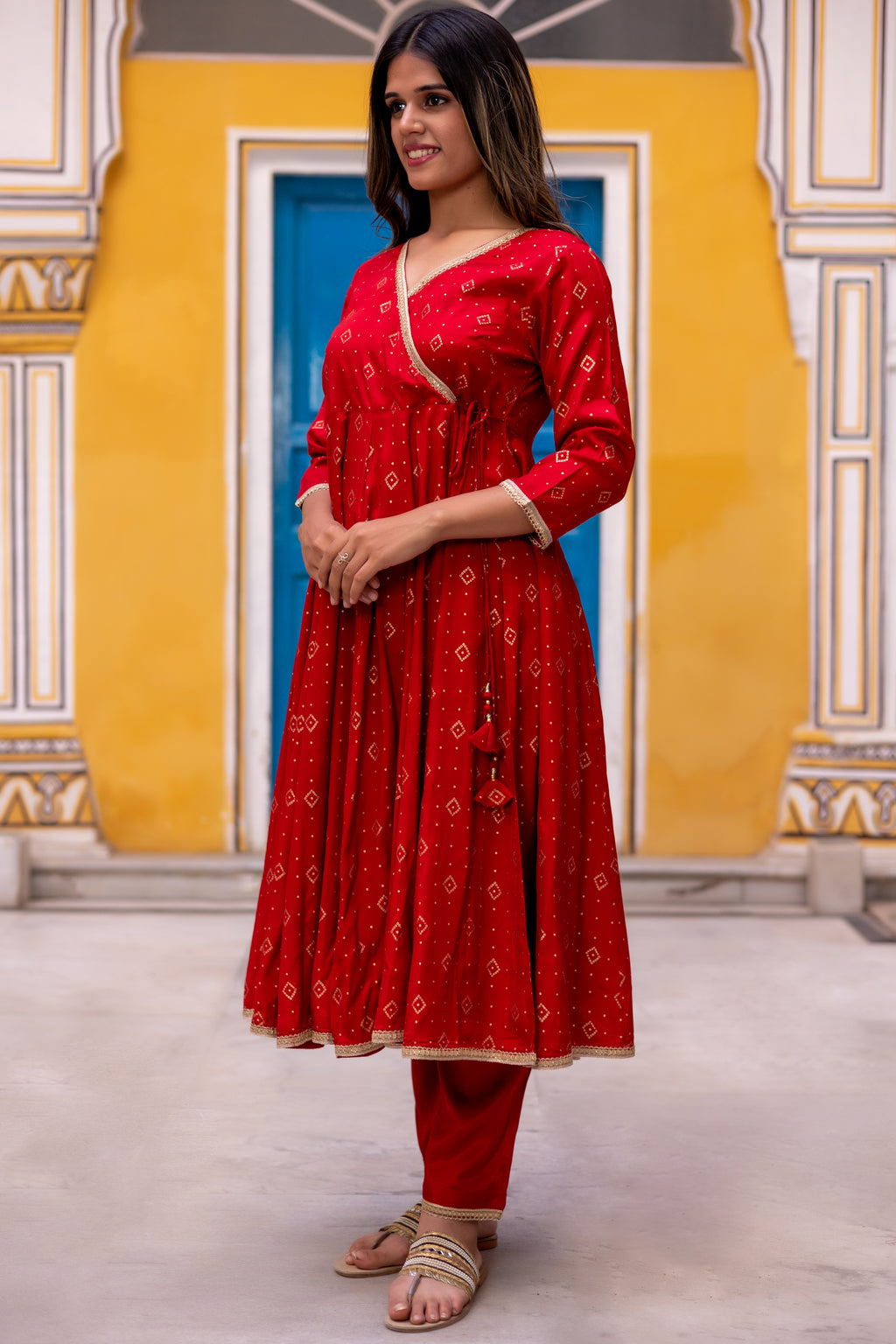 Red Gold Printed Angarkha Style Anarkali with Narrow Pant.