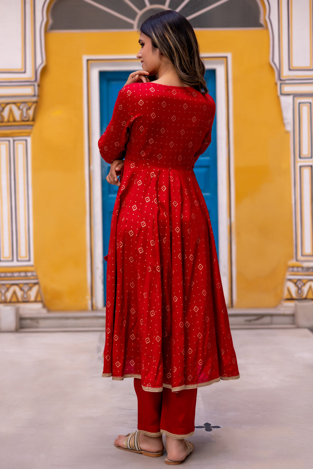 Red Gold Printed Angarkha Style Anarkali with Narrow Pant.