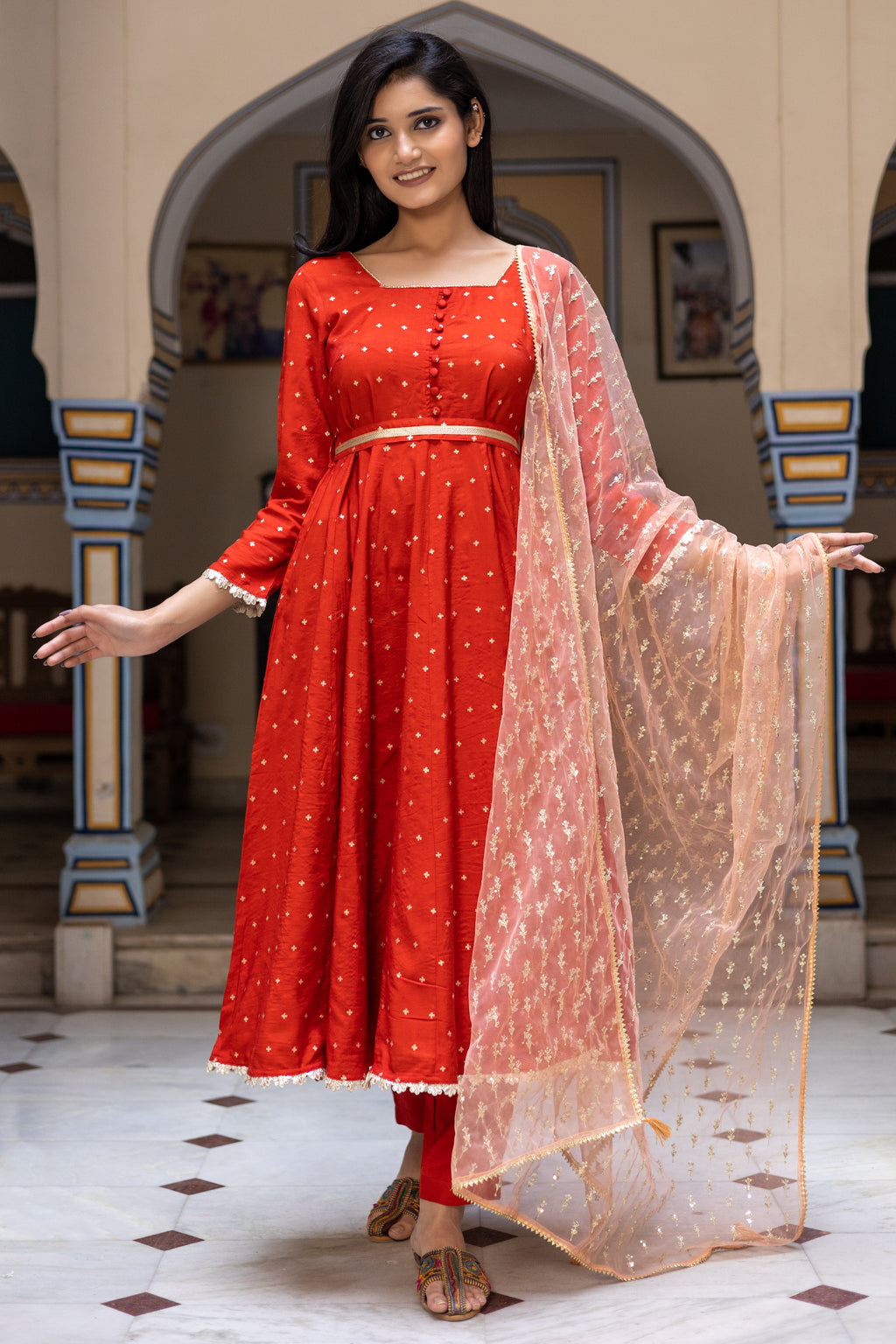 Rust Chanderi Square Neck Anarkali With Narrow Pant Paired with Dupatta