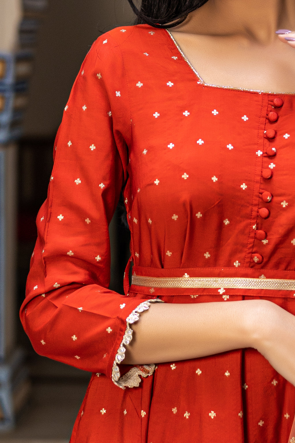 Rust Chanderi Square Neck Anarkali With Narrow Pant Paired with Dupatta