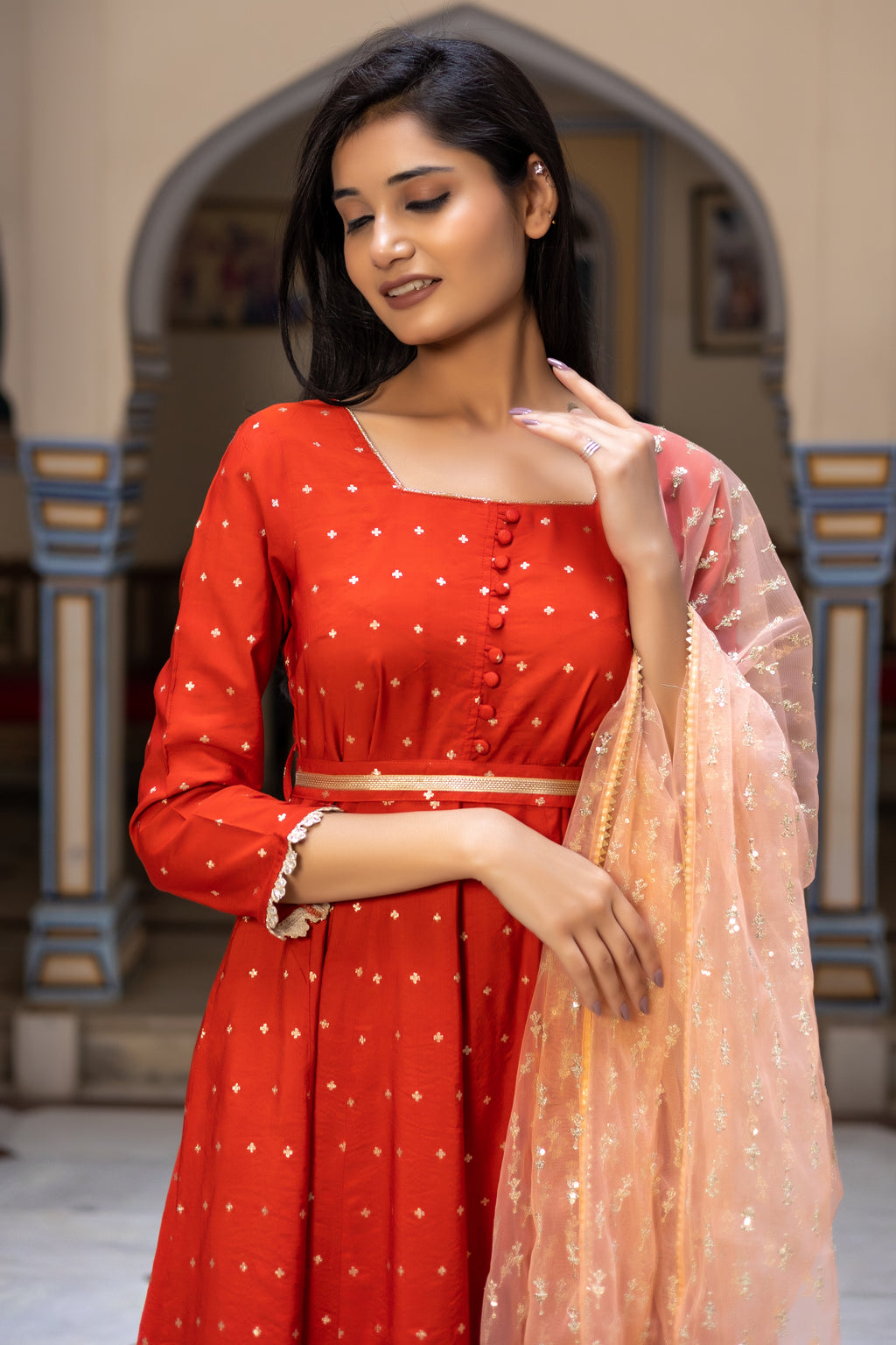 Rust Chanderi Square Neck Anarkali With Narrow Pant Paired with Dupatta