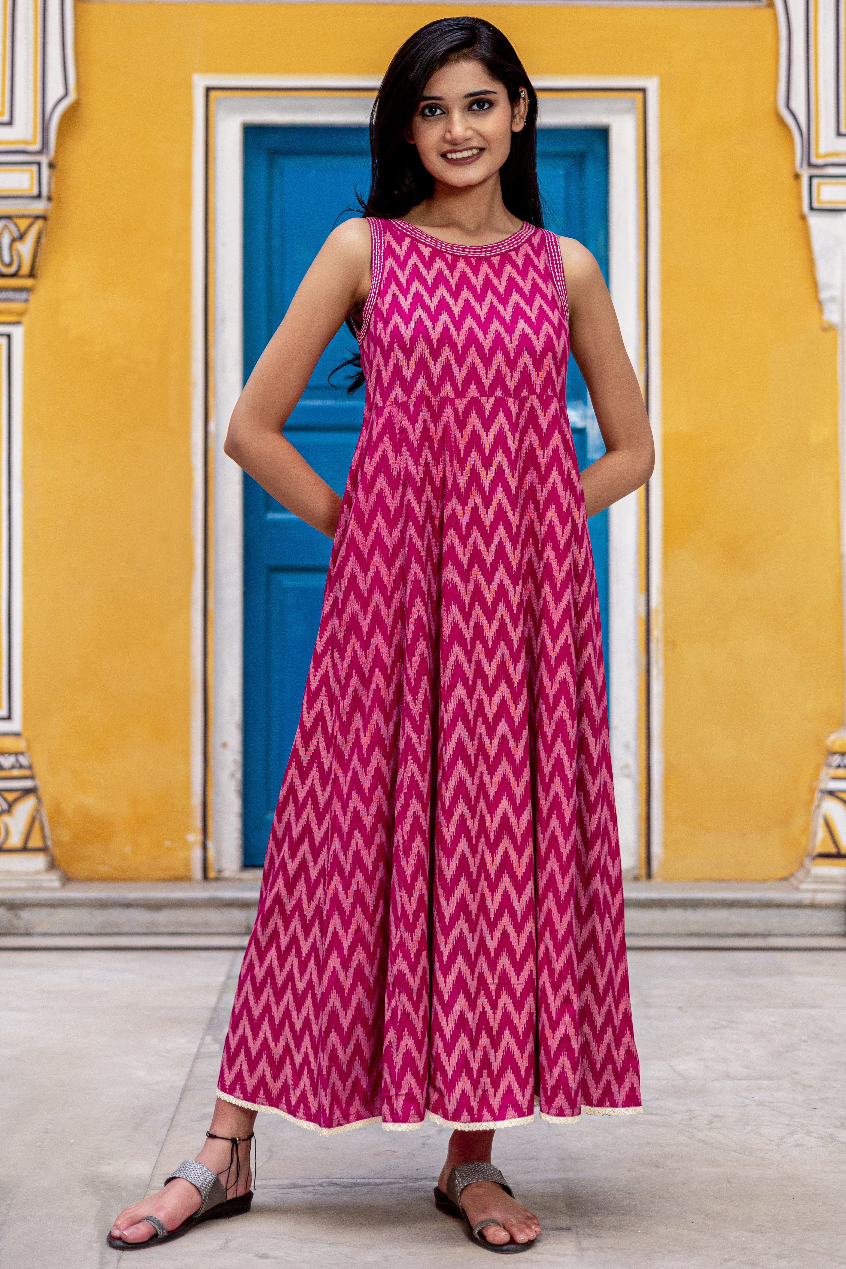 Pink Viscose Printed Flared Dress