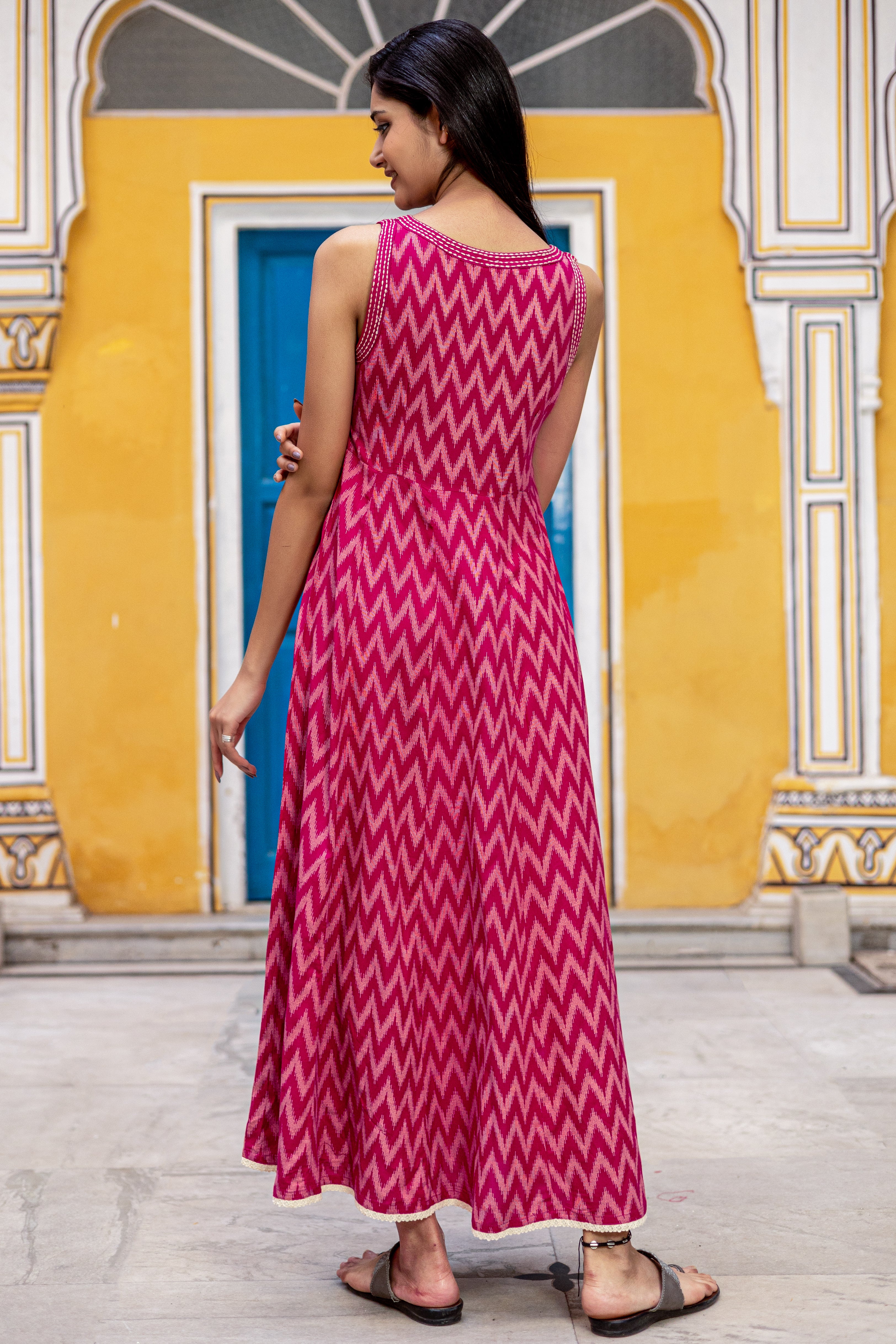 Pink Viscose Printed Flared Dress