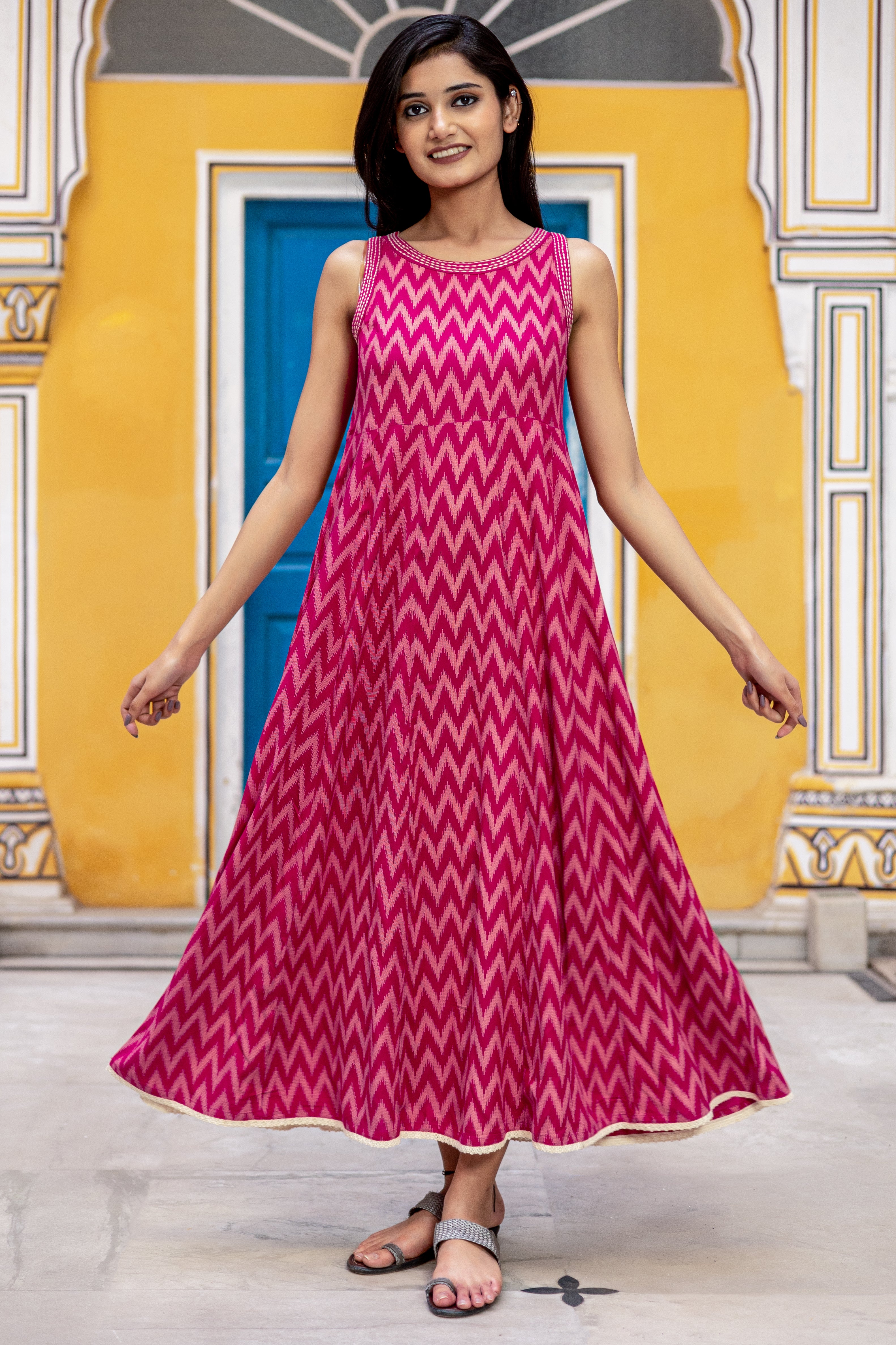 Pink Viscose Printed Flared Dress