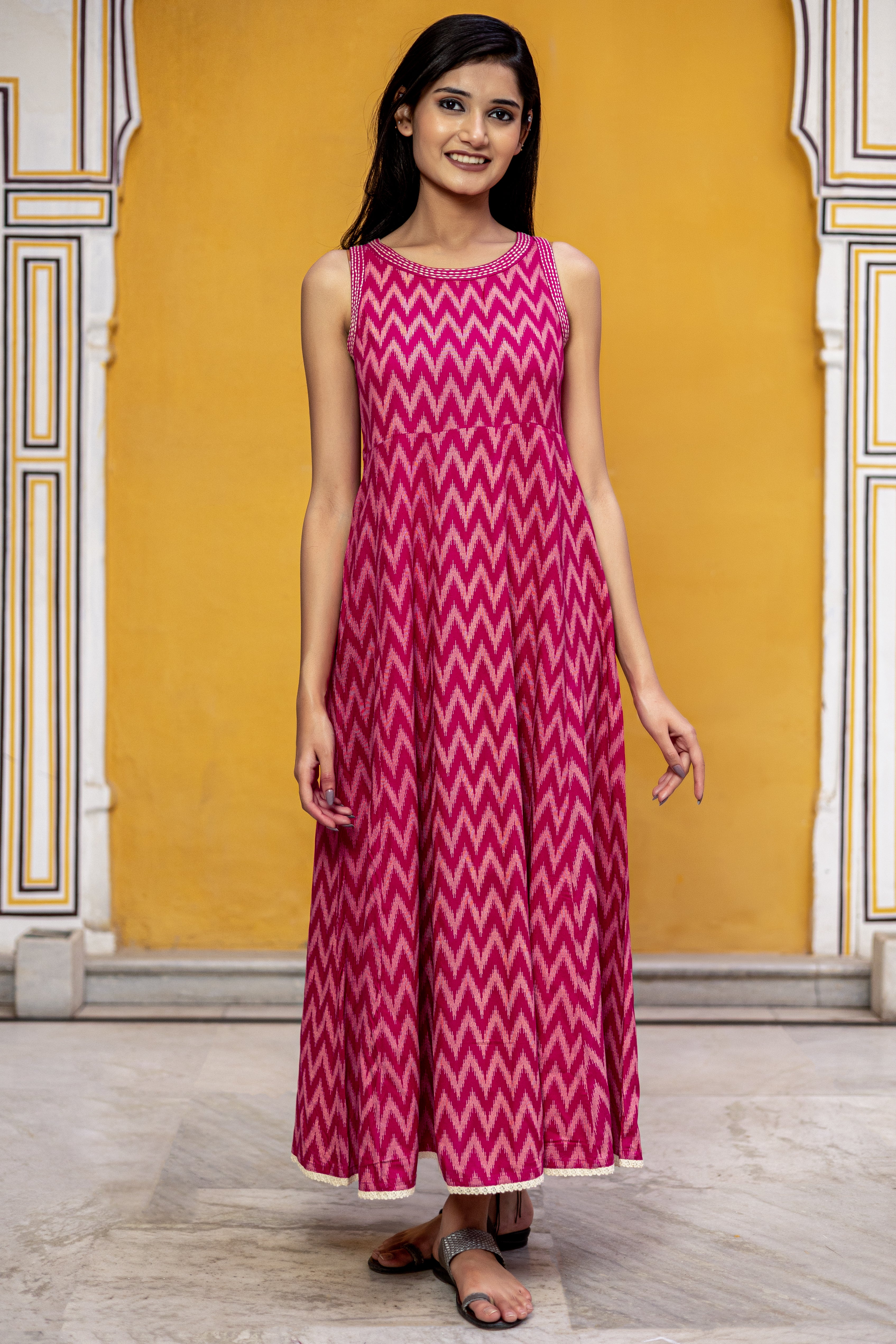 Pink Viscose Printed Flared Dress