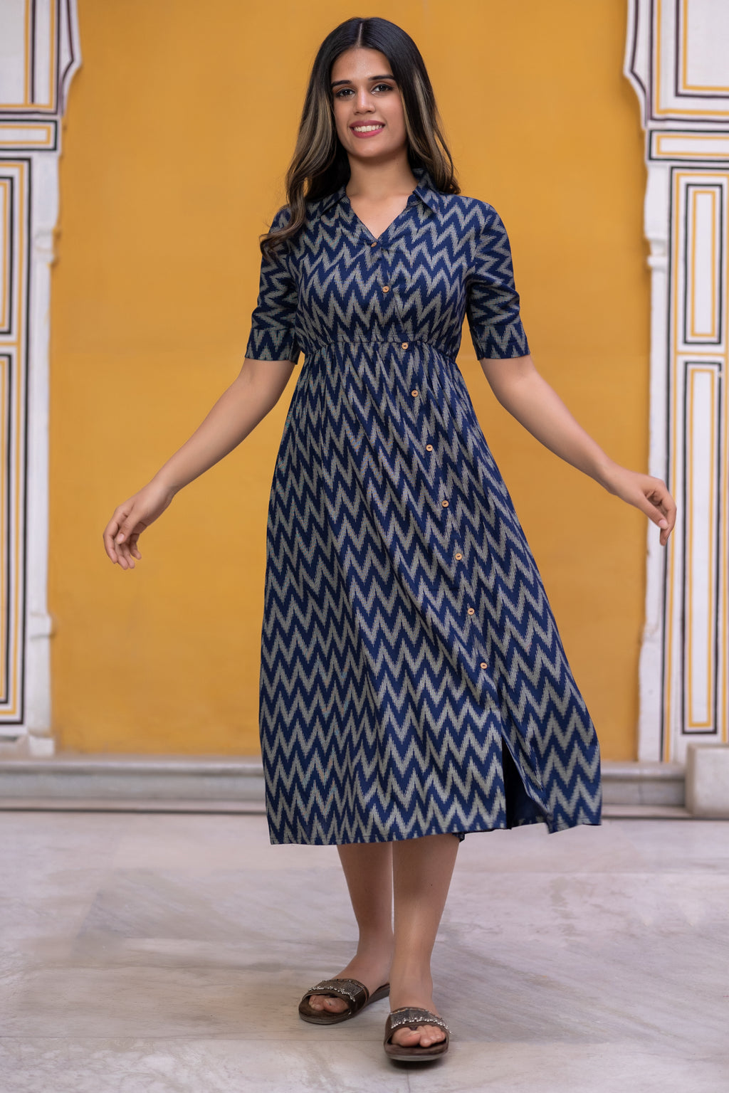 Navy Blue Viscose Printed Flared Dress