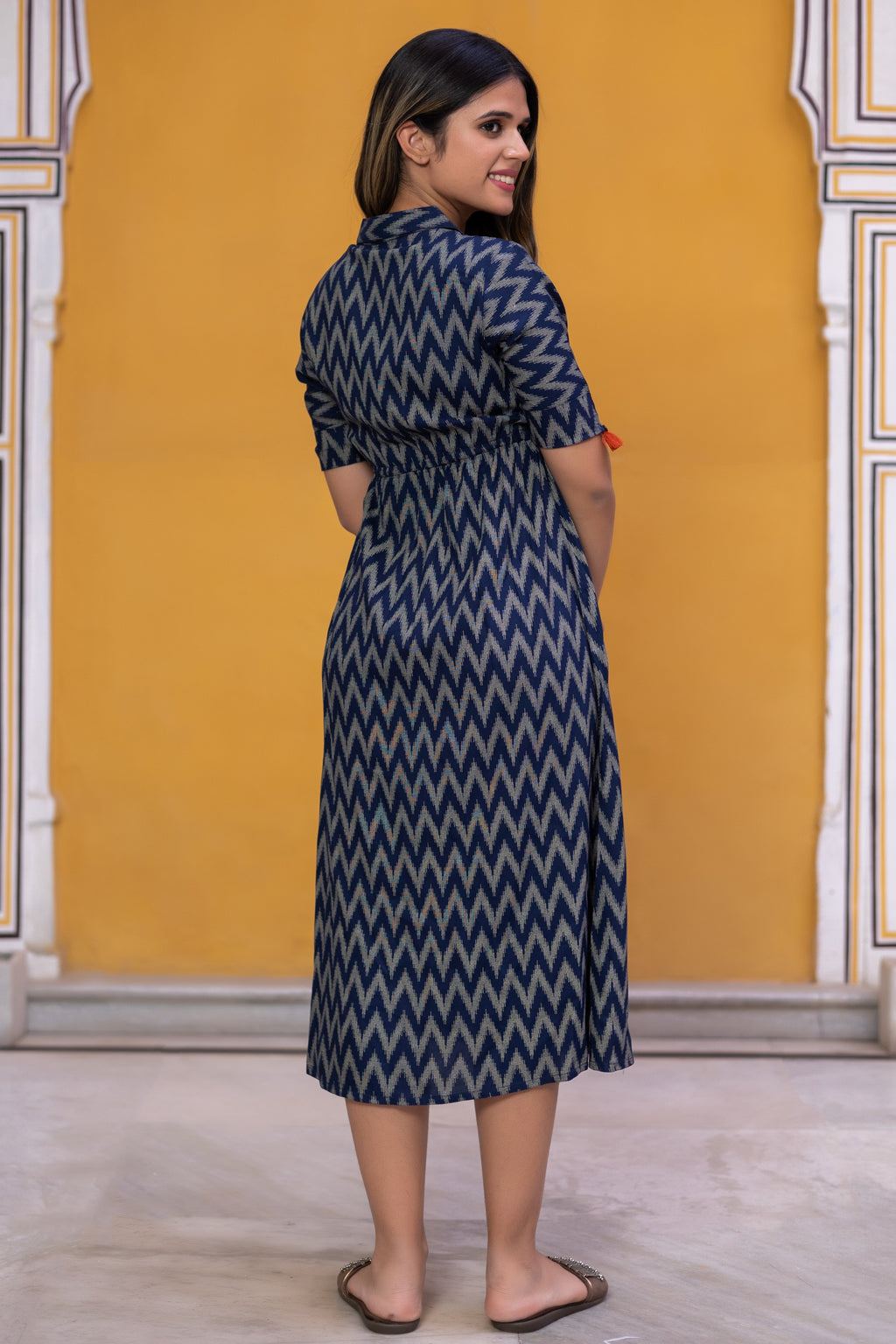 Navy Blue Viscose Printed Flared Dress