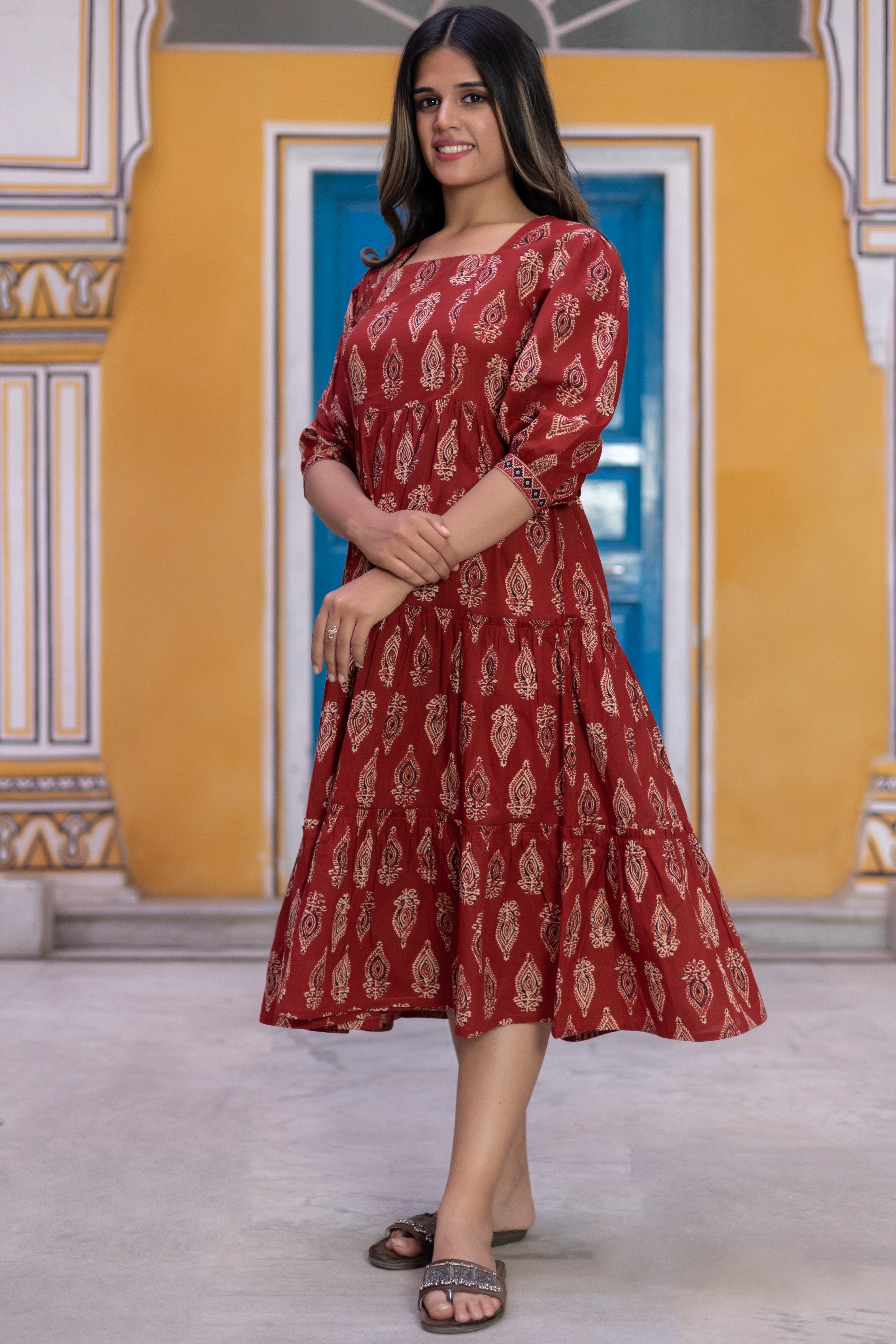 Maroon Cotton Floral Printed Flared Dress
