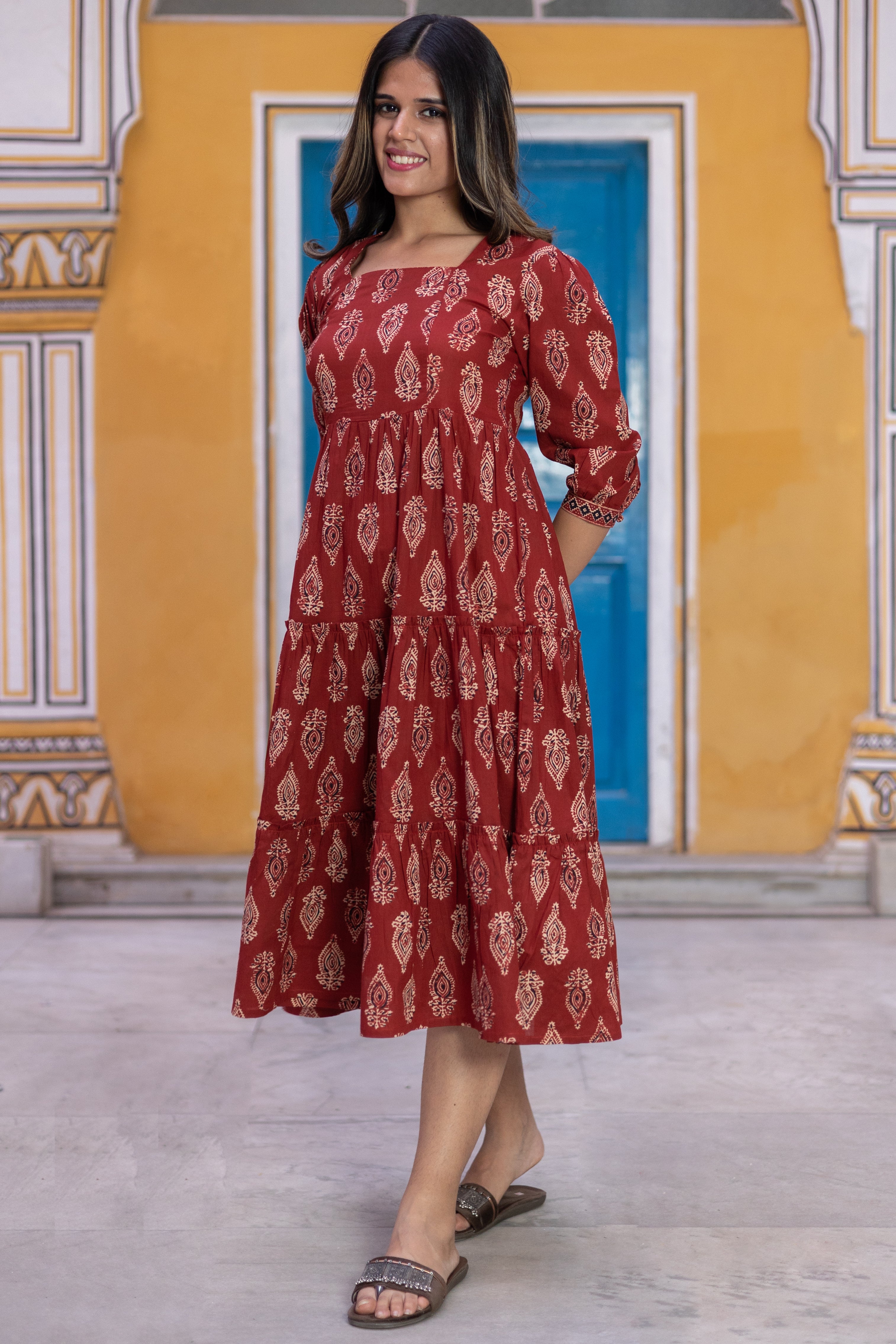 Maroon Cotton Floral Printed Flared Dress