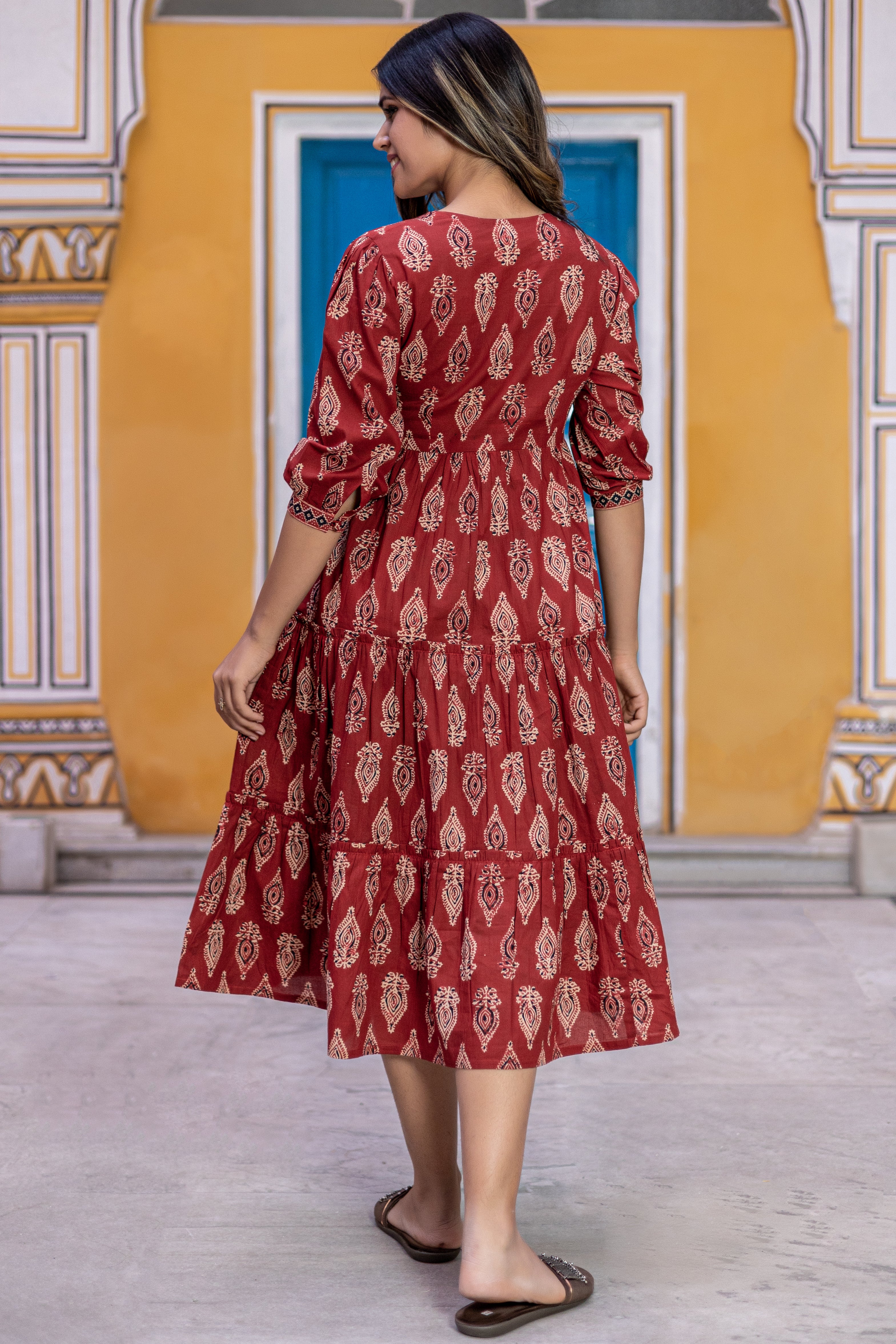 Maroon Cotton Floral Printed Flared Dress