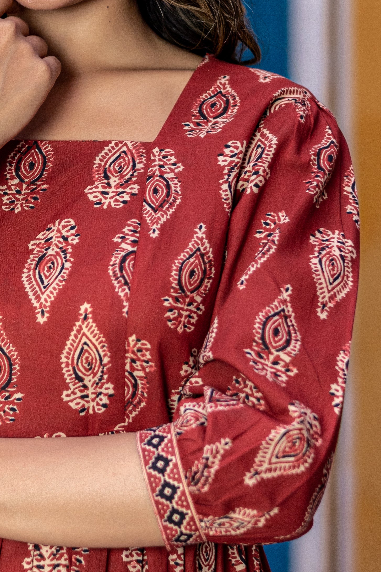 Maroon Cotton Floral Printed Flared Dress